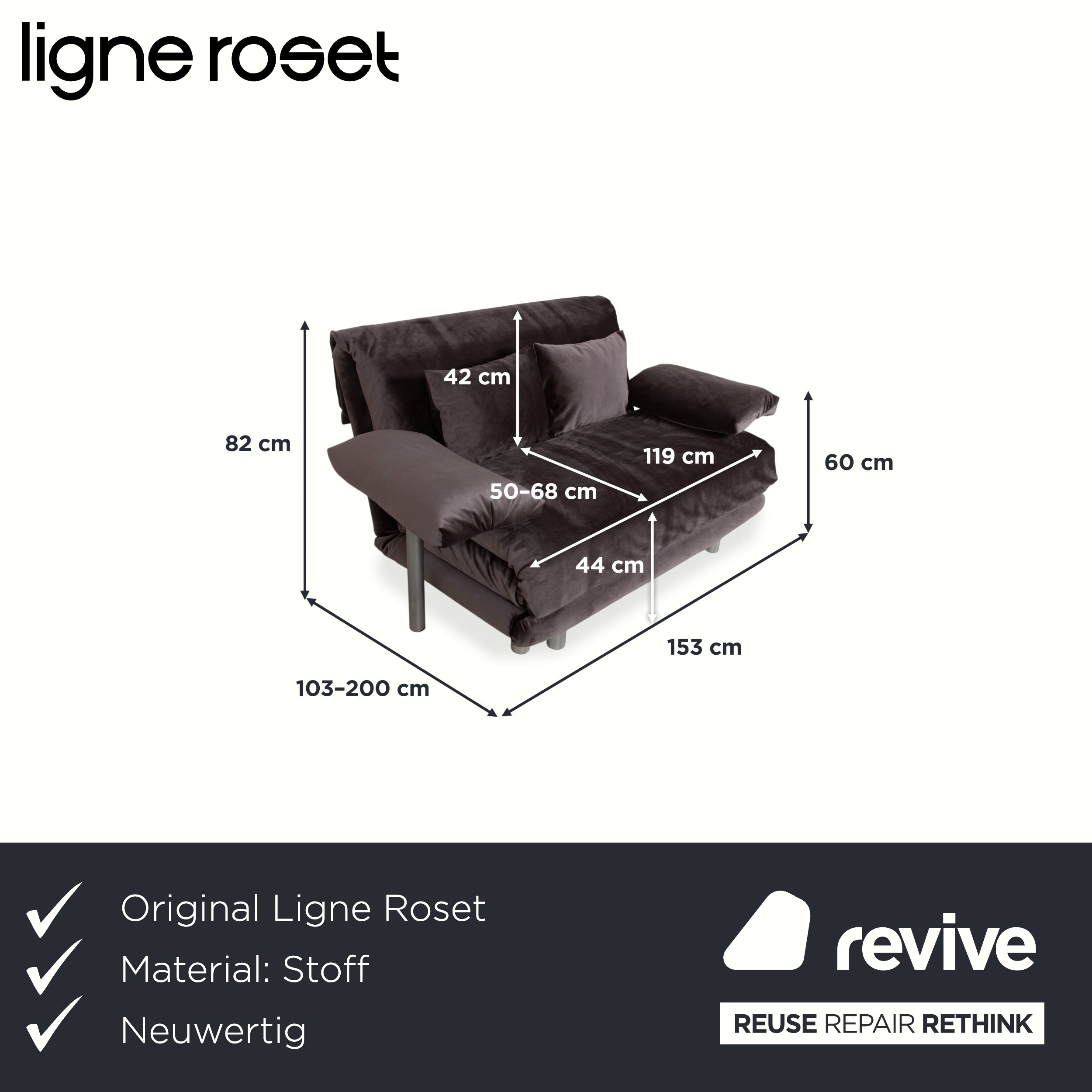 Ligne Roset Multy Canapé deux places avec accoudoirs, tissu velours gris-marron, fonction couchage manuelle, housse neuve