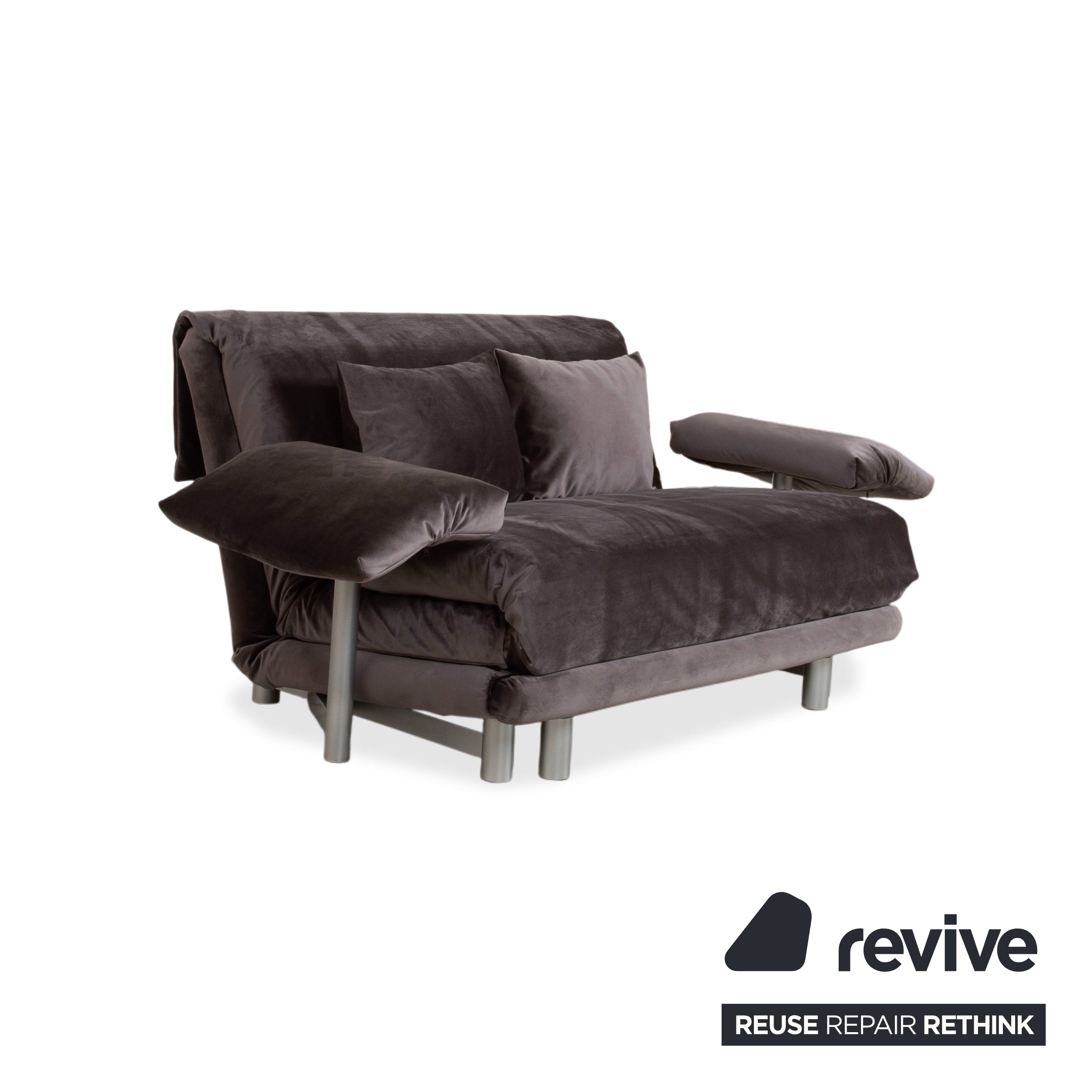 Ligne Roset Multy Canapé deux places avec accoudoirs, tissu velours gris-marron, fonction couchage manuelle, housse neuve