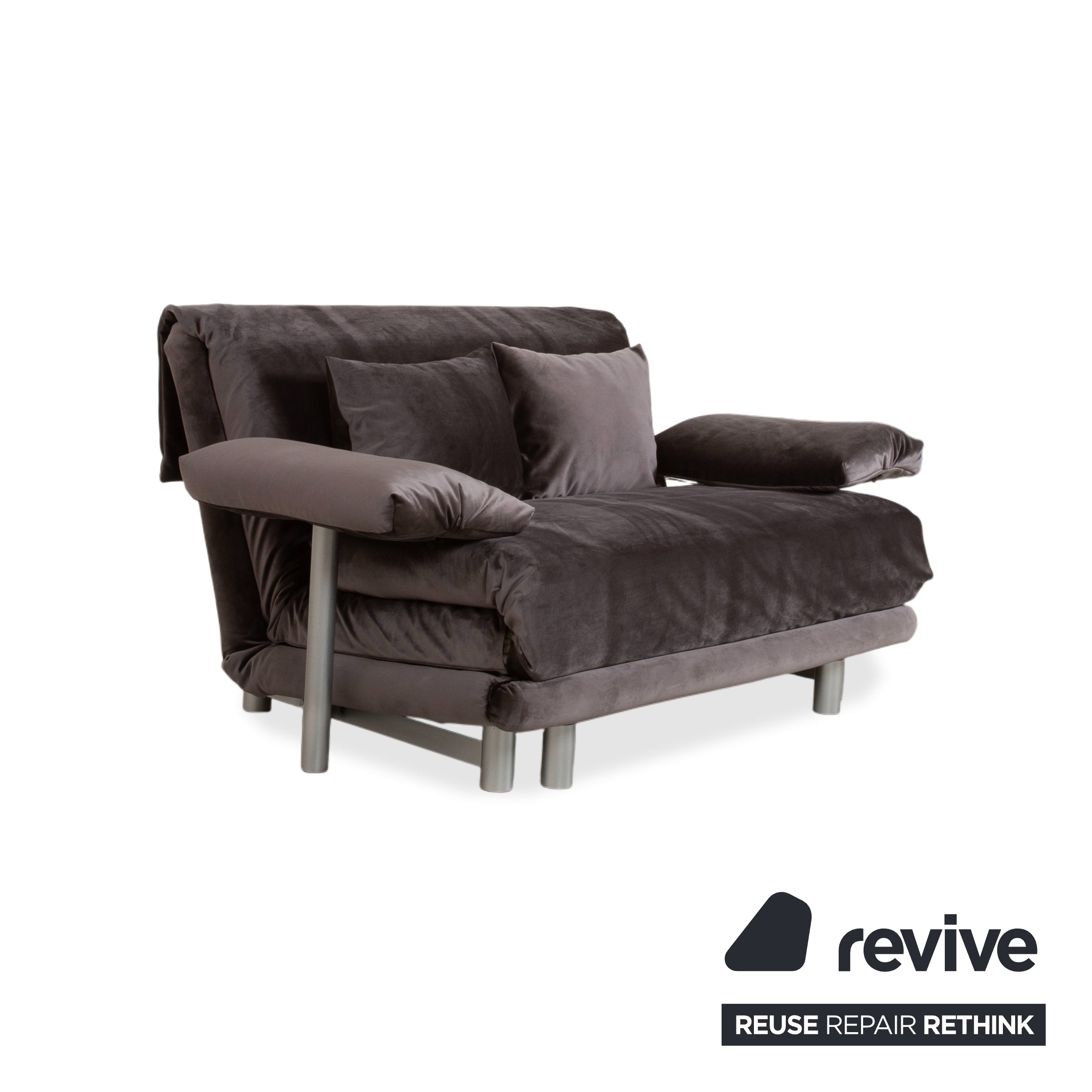 Ligne Roset Multy Canapé deux places avec accoudoirs, tissu velours gris-marron, fonction couchage manuelle, housse neuve