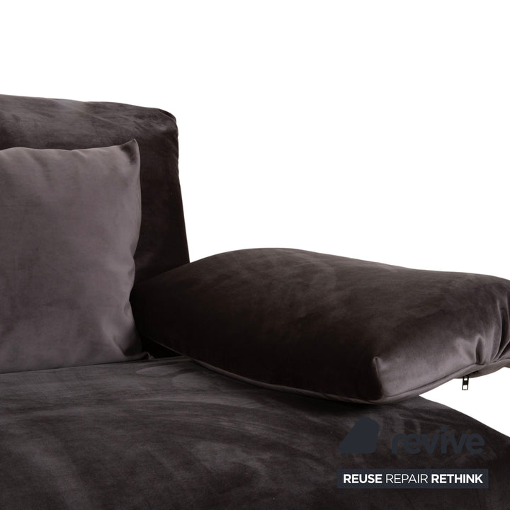Ligne Roset Multy Two-Seater including Armrests Velvet Fabric Grey Brown Manual Sleeping Function Sofa Couch Reupholstered