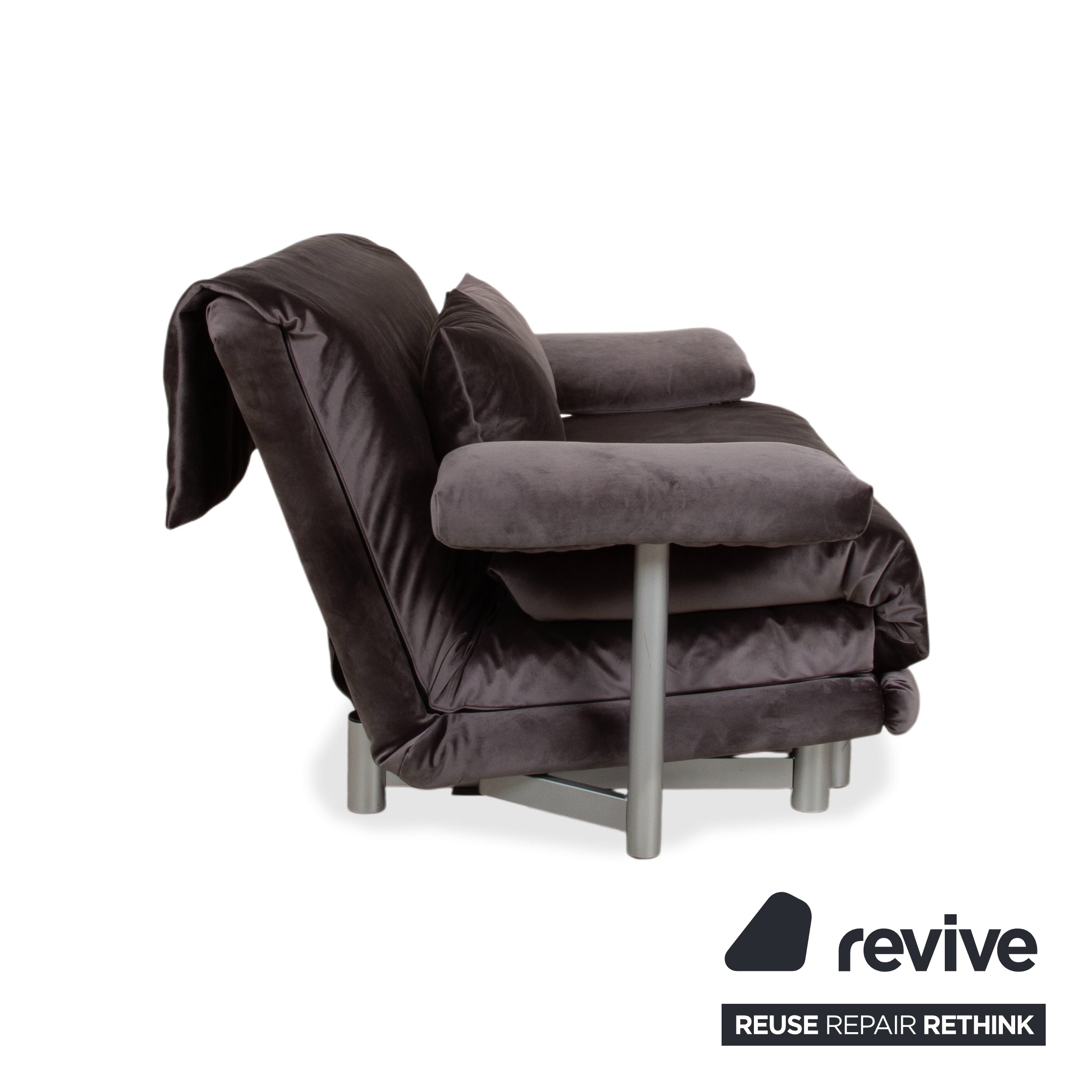 Ligne Roset Multy Canapé deux places avec accoudoirs, tissu velours gris-marron, fonction couchage manuelle, housse neuve