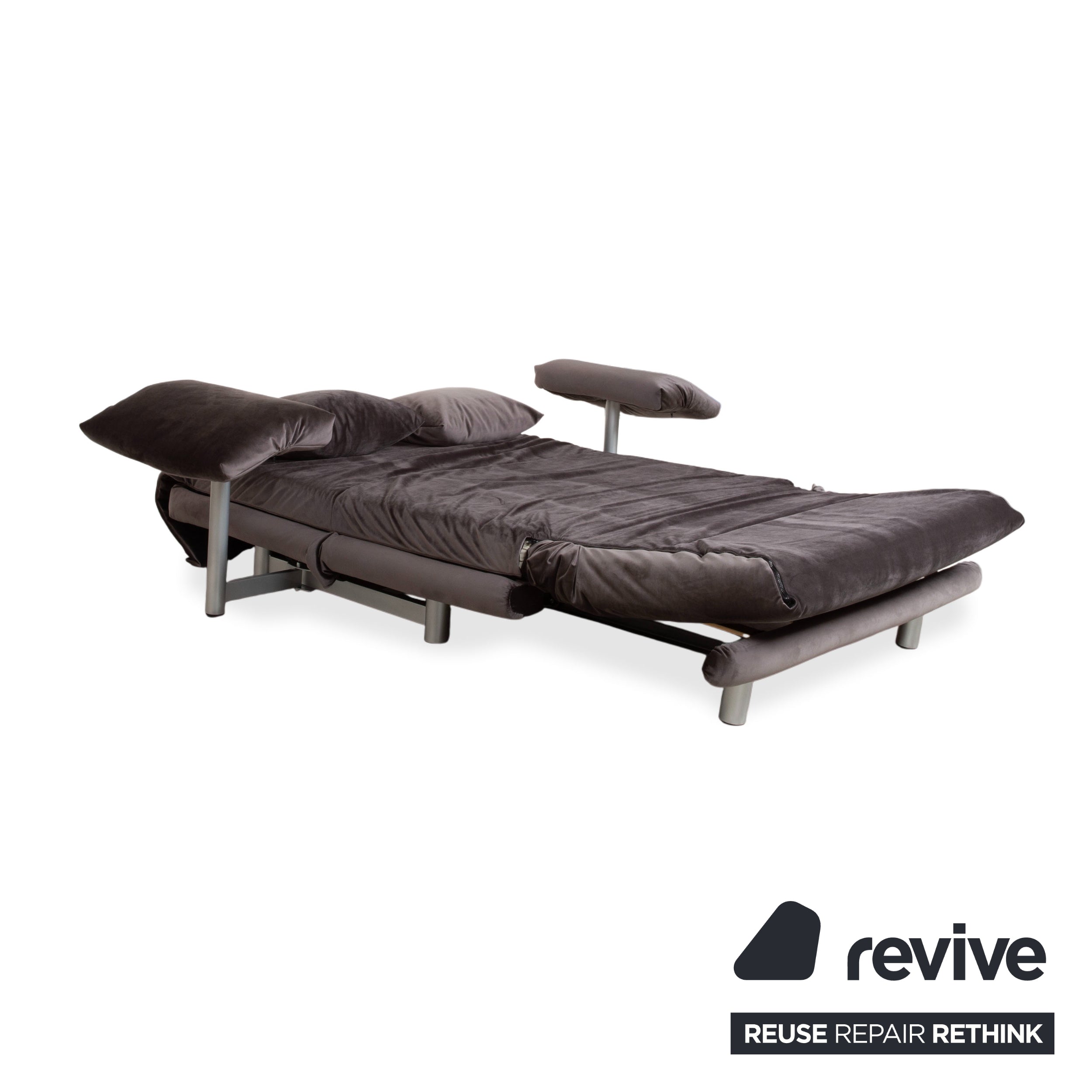 Ligne Roset Multy Canapé deux places avec accoudoirs, tissu velours gris-marron, fonction couchage manuelle, housse neuve