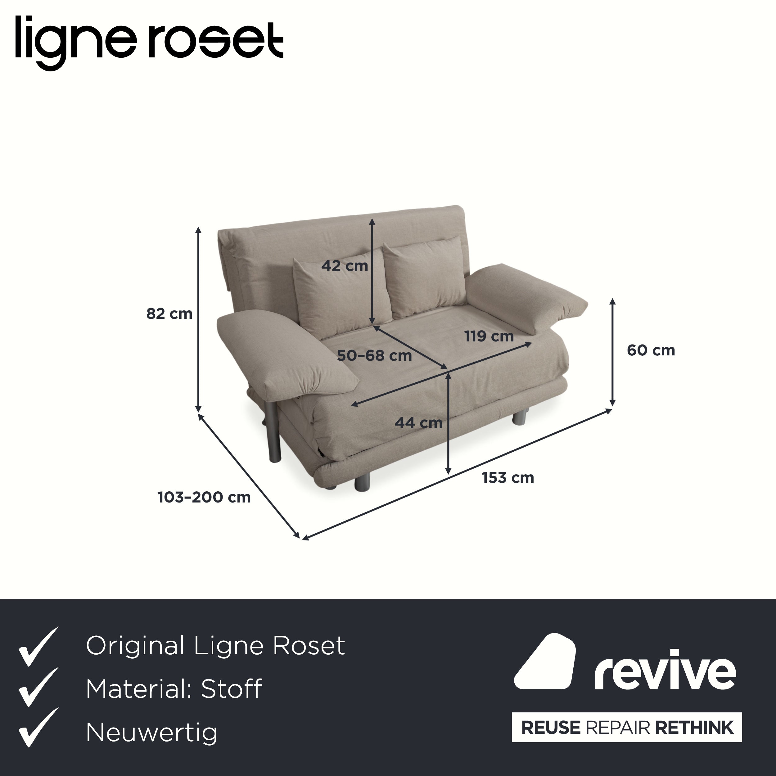 Canapé deux places Ligne Roset Multy avec accoudoirs, tissu beige, fonction couchage manuelle, retapissé