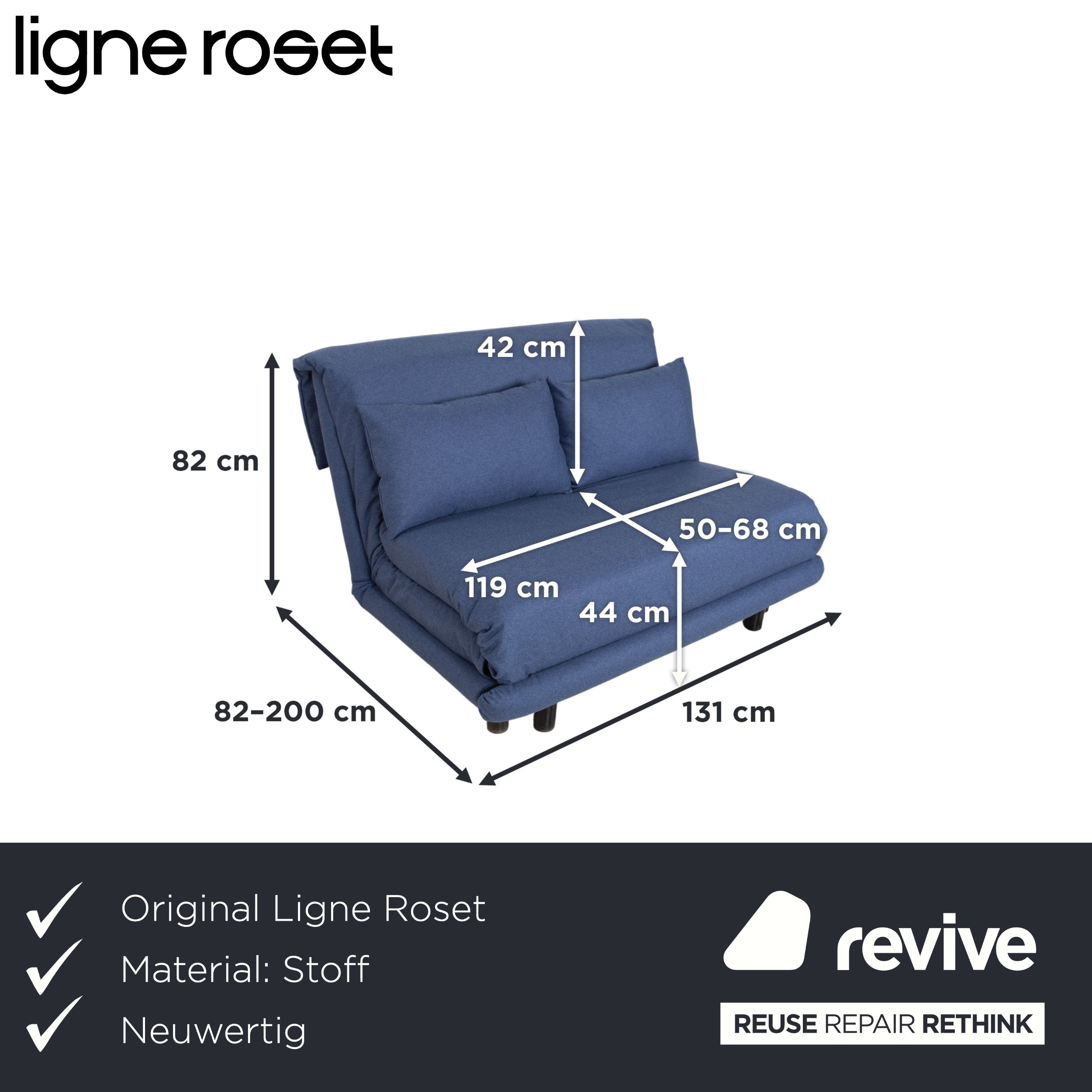 Ligne Roset Multy Zweisitzer Stoff Filz Blau manuelle Schlaffunktion Sofa Couch Neubezug