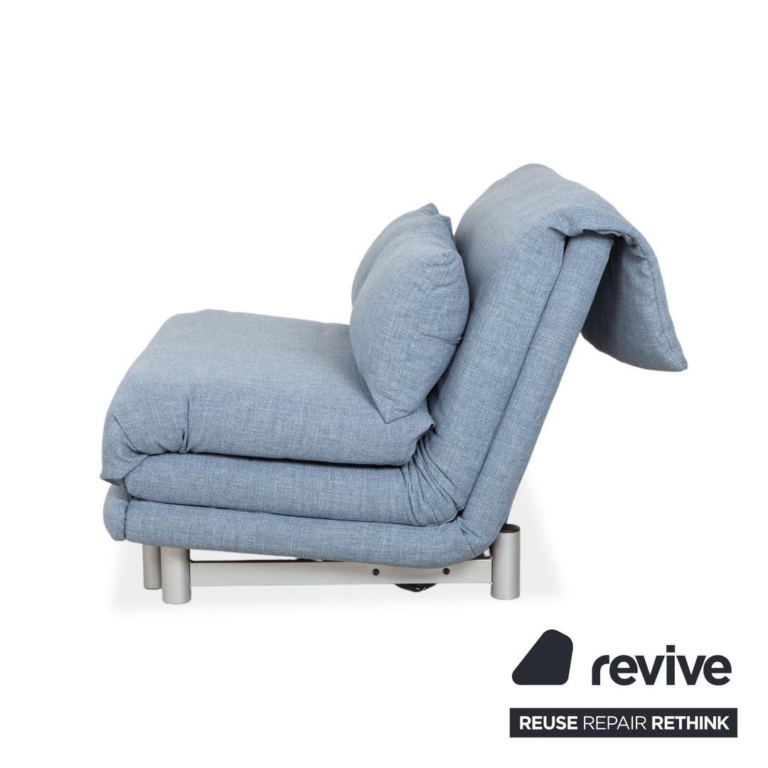Ligne Roset Multy Two-Seater Fabric Blue Light Blue Powder Blue Silver Manual Sleeping Function Sofa Bed Reupholstered