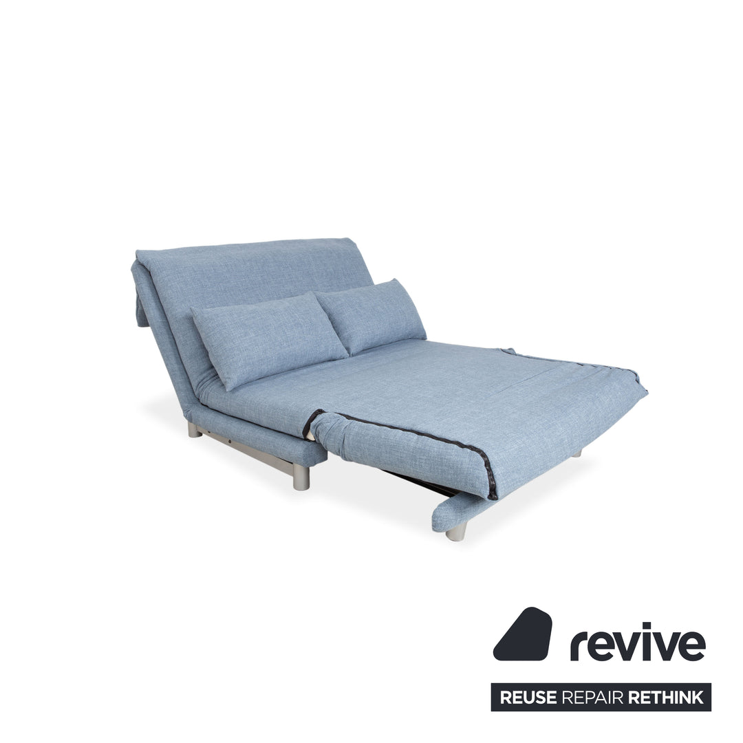 Ligne Roset Multy Two-Seater Fabric Blue Light Blue Powder Blue Silver Manual Sleeping Function Sofa Bed Reupholstered