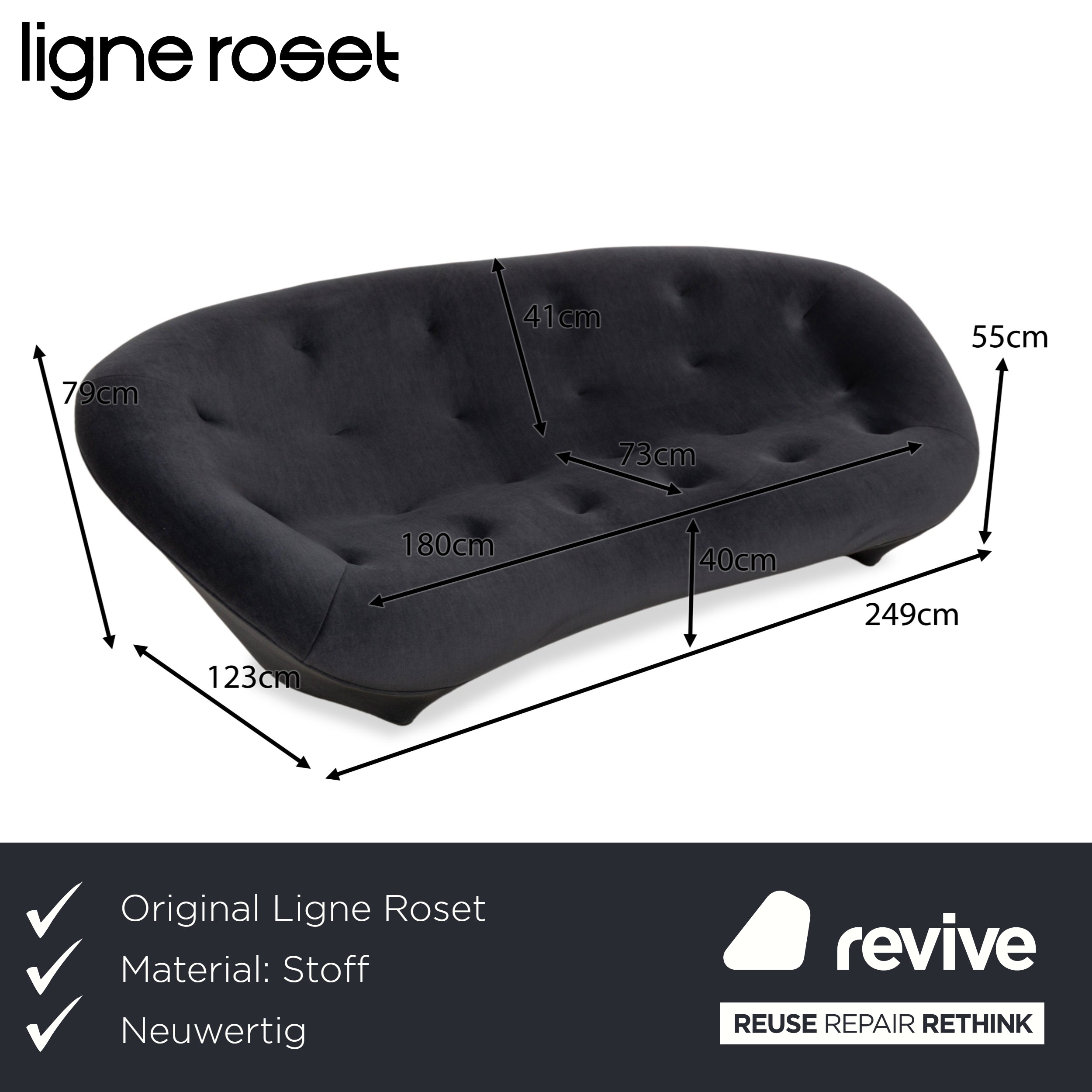 Ligne Roset Ploum Fabric Three-Seater Anthracite Grey Sofa Couch High Back Anthracite New Cover