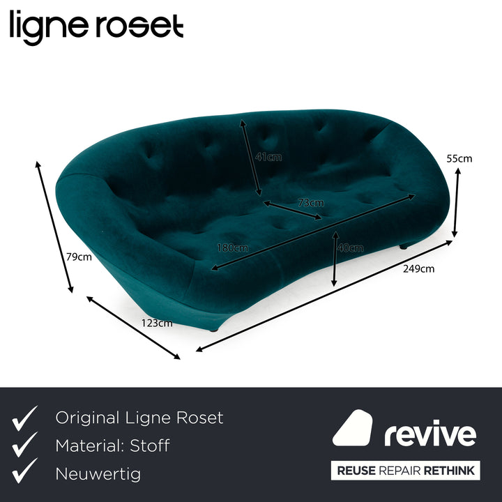 Ligne Roset Ploum fabric three-seater petroleum green blue sofa couch high-back reupholstery