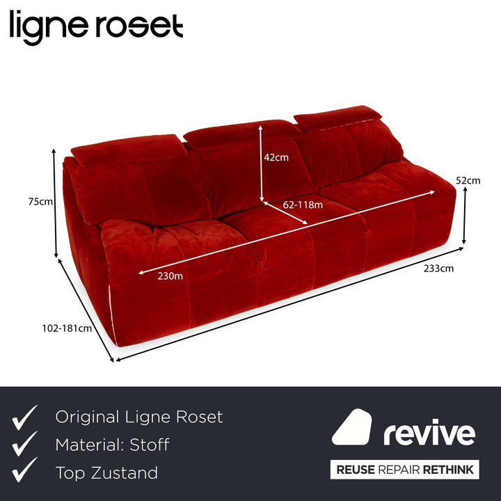 Ligne Roset Plumy Fabric Three-Seater Red Manual Function Sofa Couch