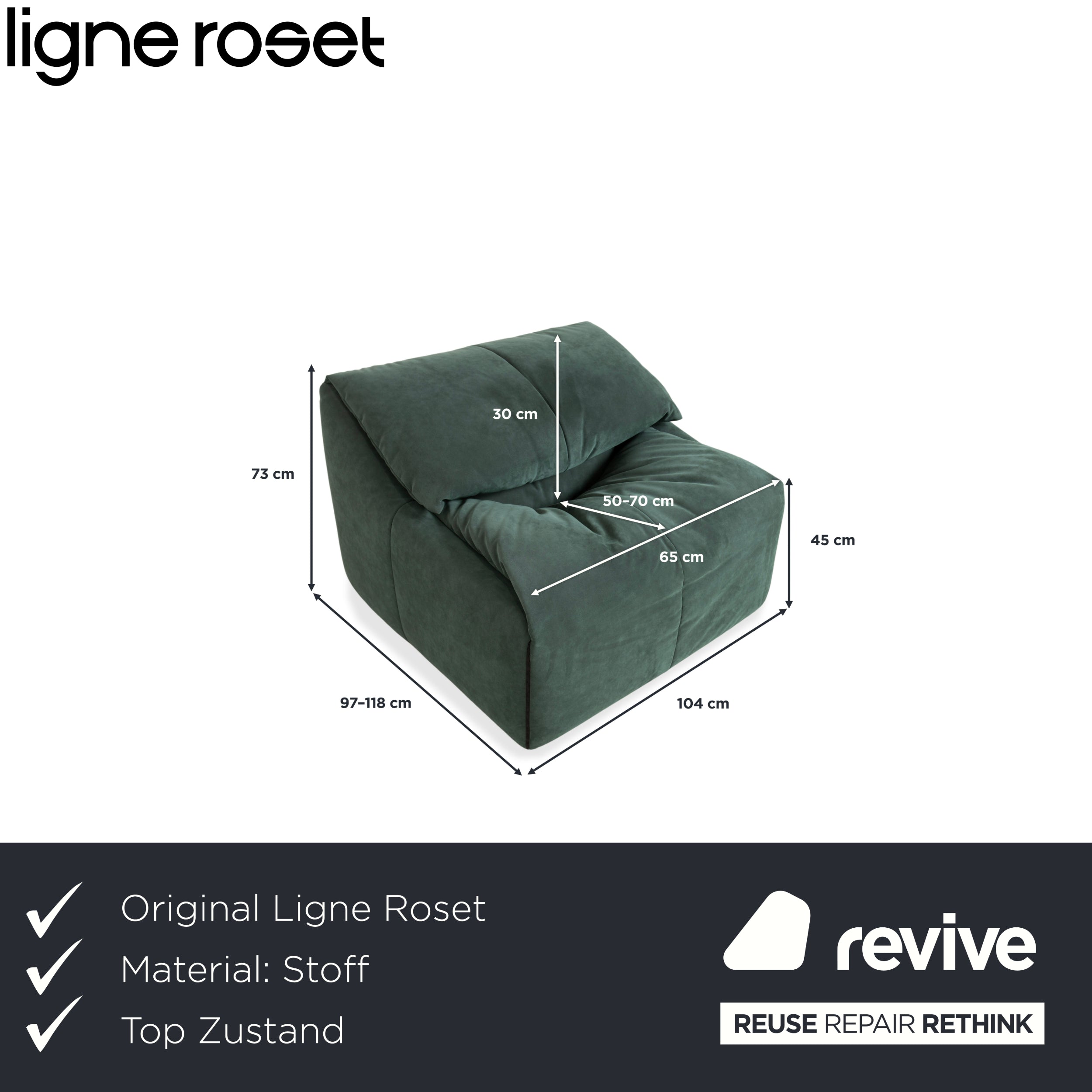 Fauteuil Plumy de Ligne Roset, en tissu vert sauge, à commande manuelle