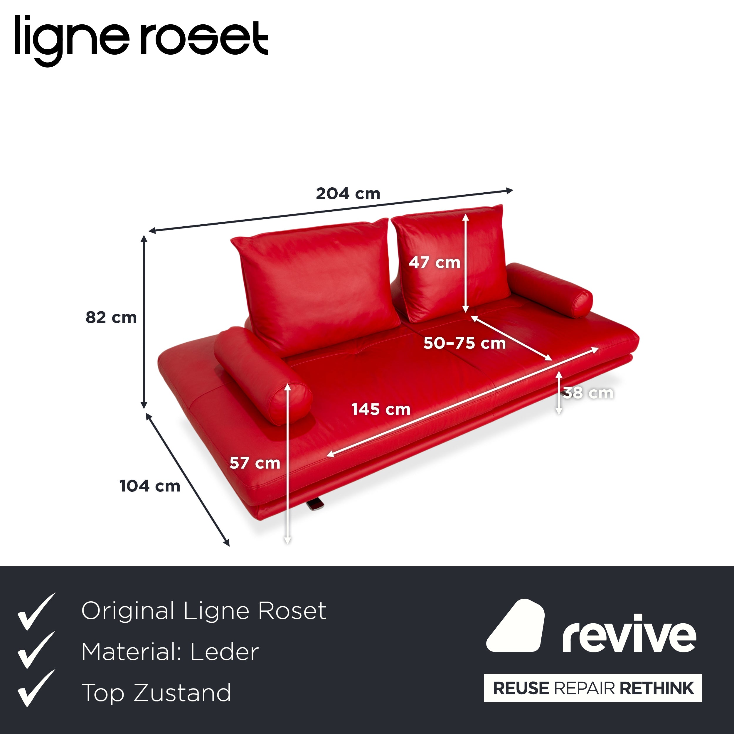 Canapé deux places en cuir rouge Ligne Roset Prado avec fonction manuelle