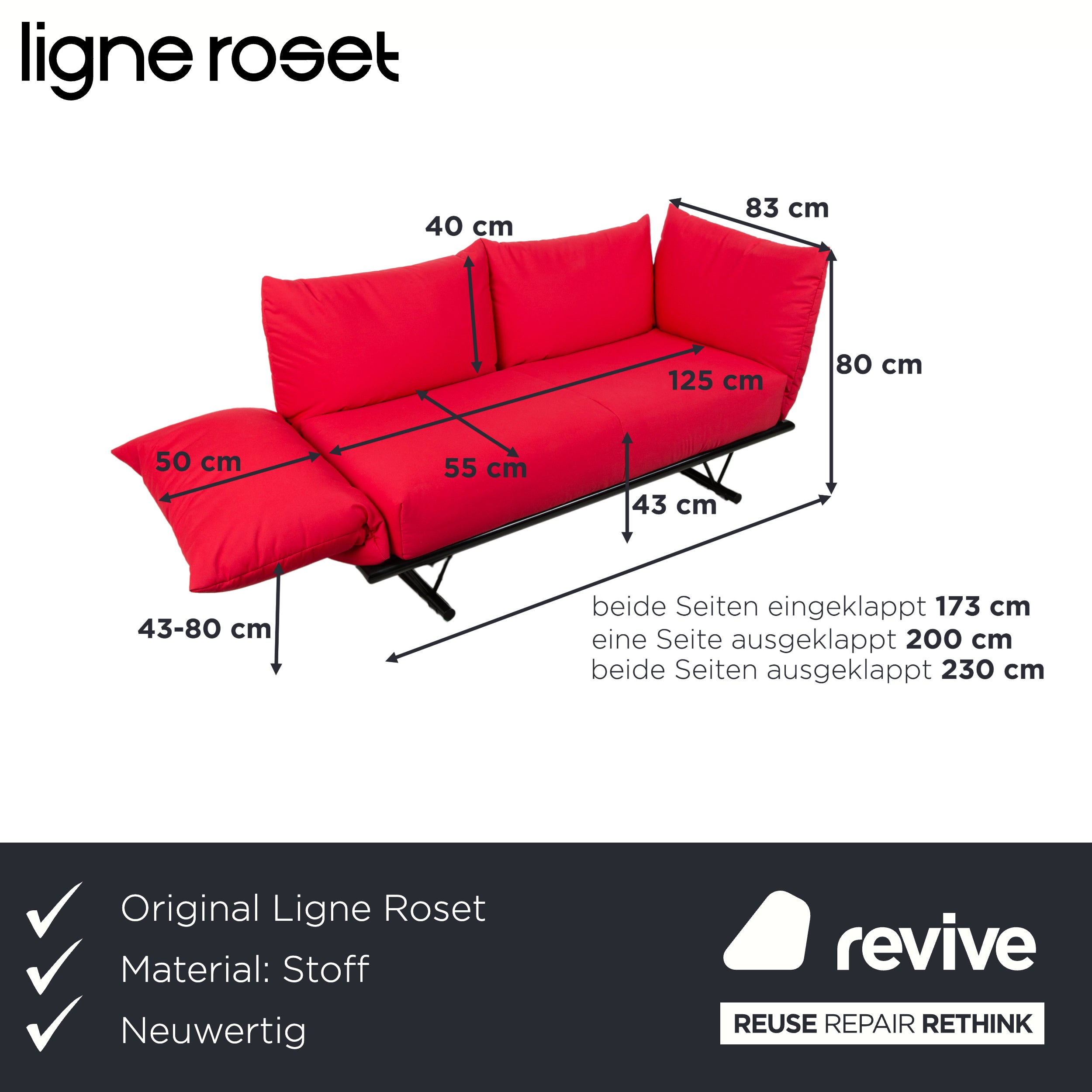 Ligne Roset Prao Stoff Zweisitzer Sofa Rot manuelle Funktion Couch Daybed Neubezug