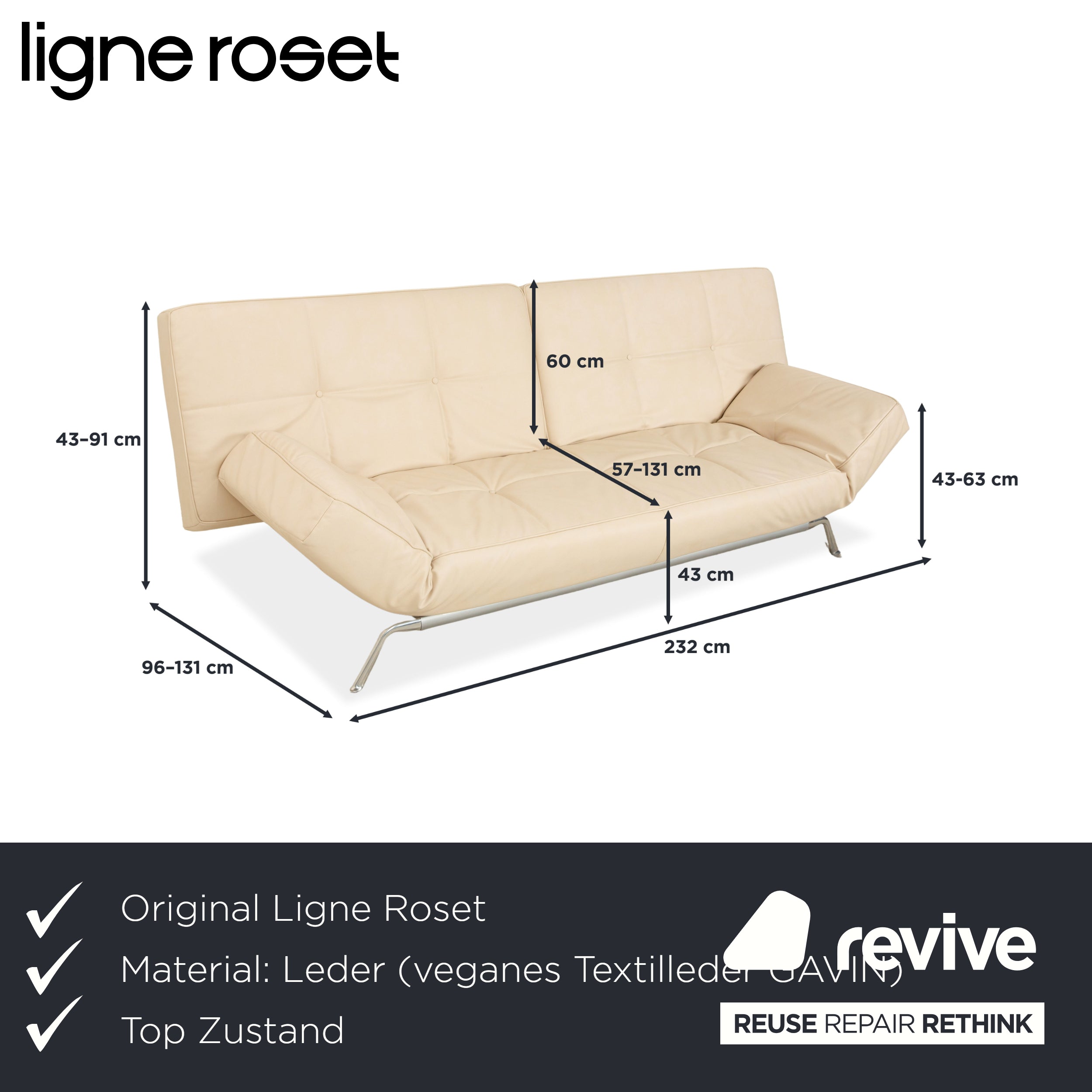 Ligne Roset Smala Dreisitzer Creme Beige veganes Leder manuelle Funktion Sofa Couch Neubezug GAVIN
