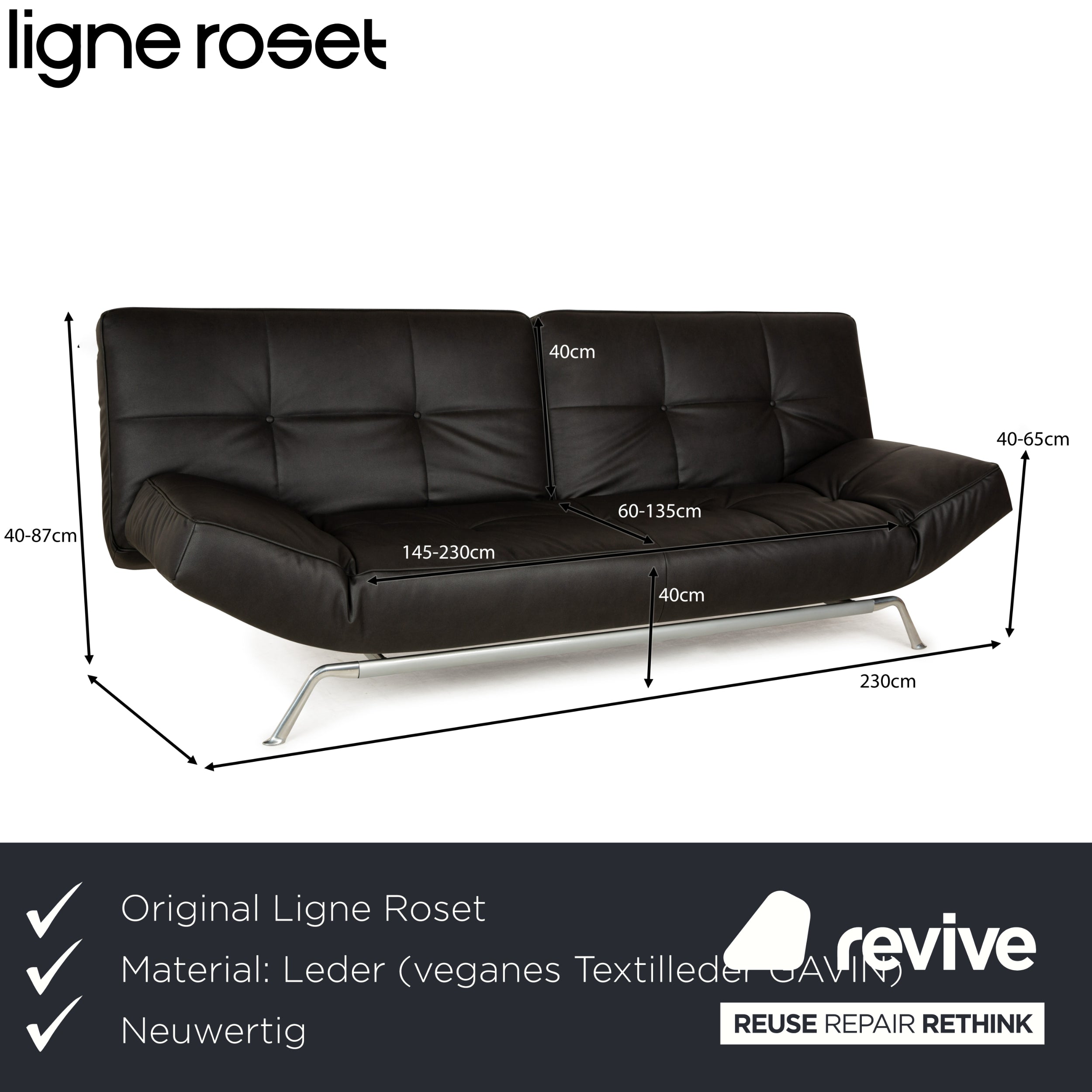 Canapé convertible trois places Ligne Roset Smala en cuir vegan noir anthracite neuf avec housse à fonction manuelle