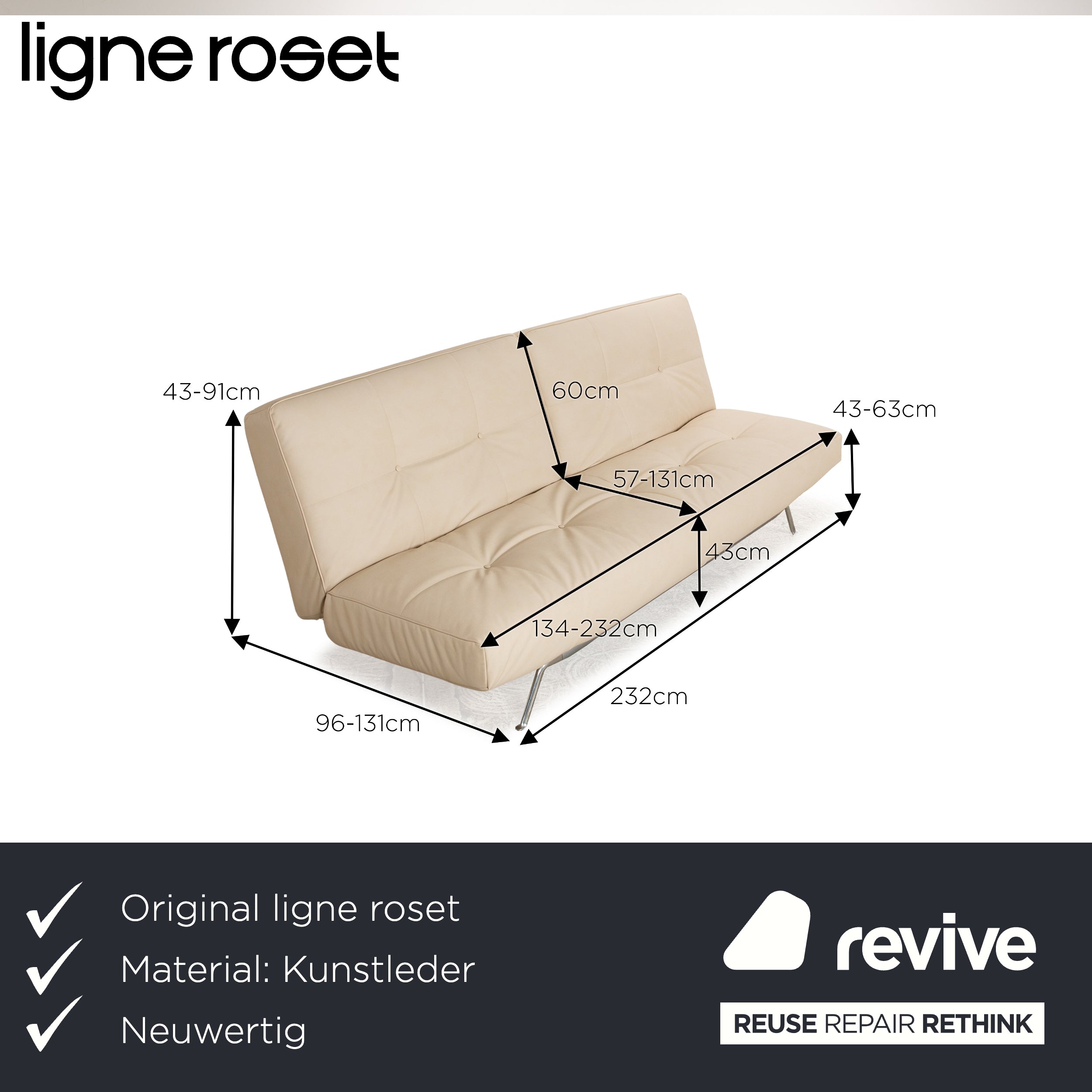 Ligne Roset Smala Dreisitzer Creme Beige Textilleder manuelle Funktion Sofa Couch Neubezug