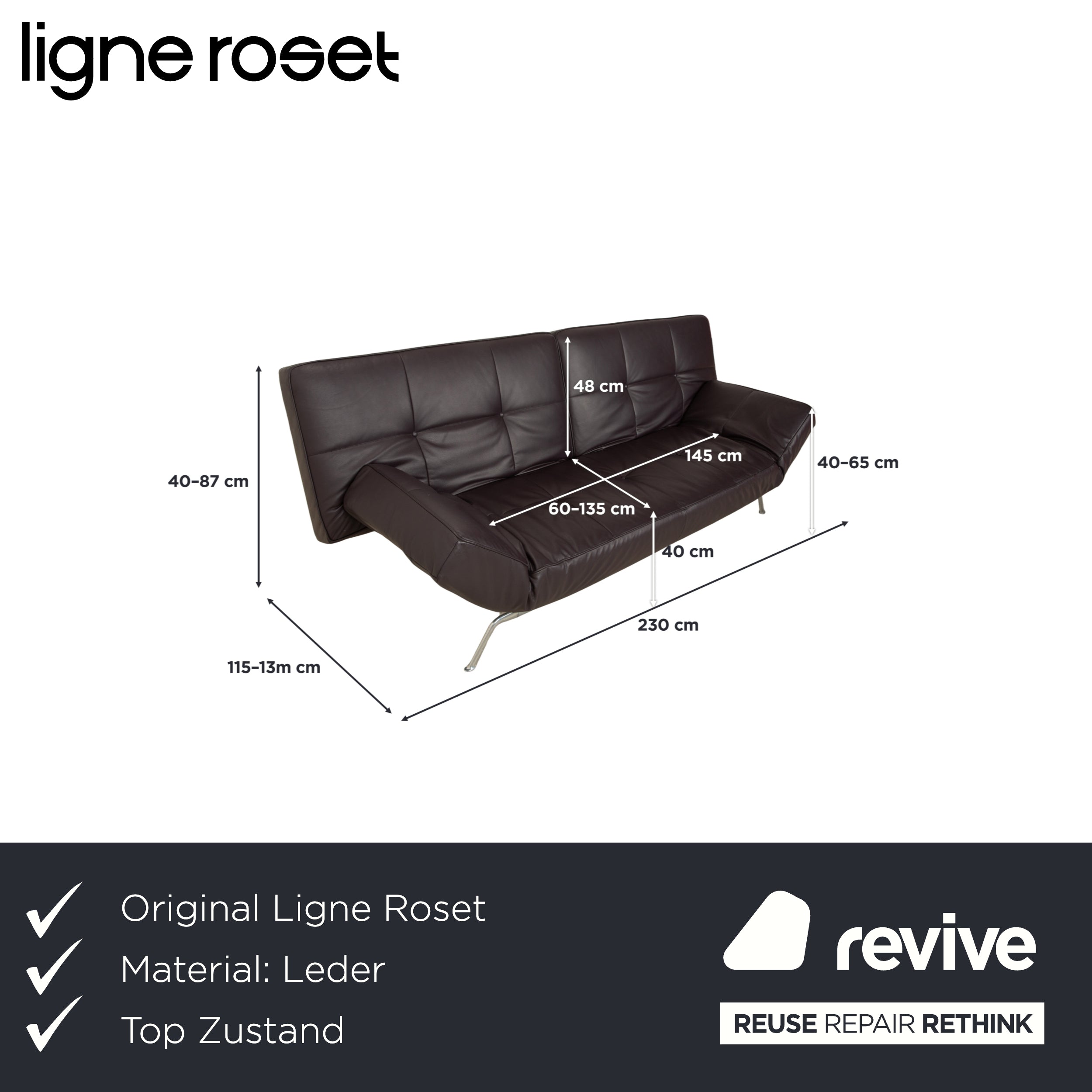 Ligne Roset Smala Leder Dreisitzer Aubergine Lila manuelle Funktion Sofa Couch