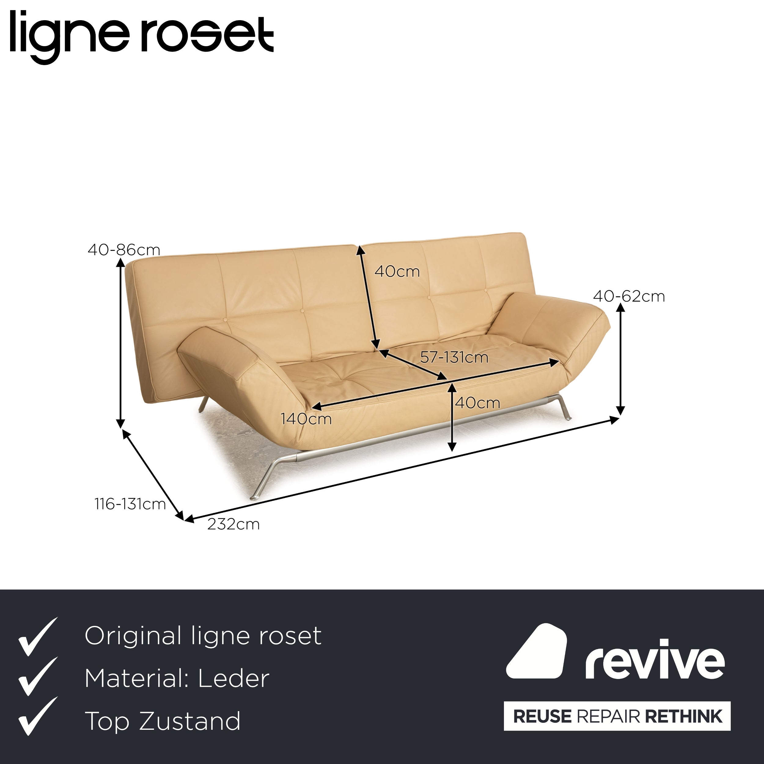 ligne roset Smala leather three-seater beige manual function sleeping function sofa couch