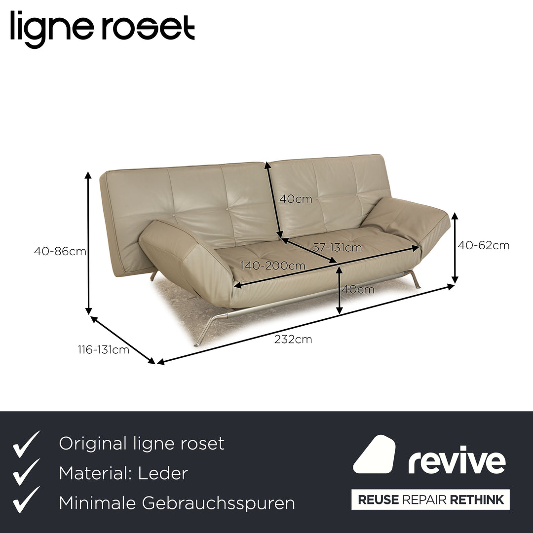 ligne roset Smala Leder Dreisitzer Grau Sofa Couch manuelle Funktion Schlaffunktion