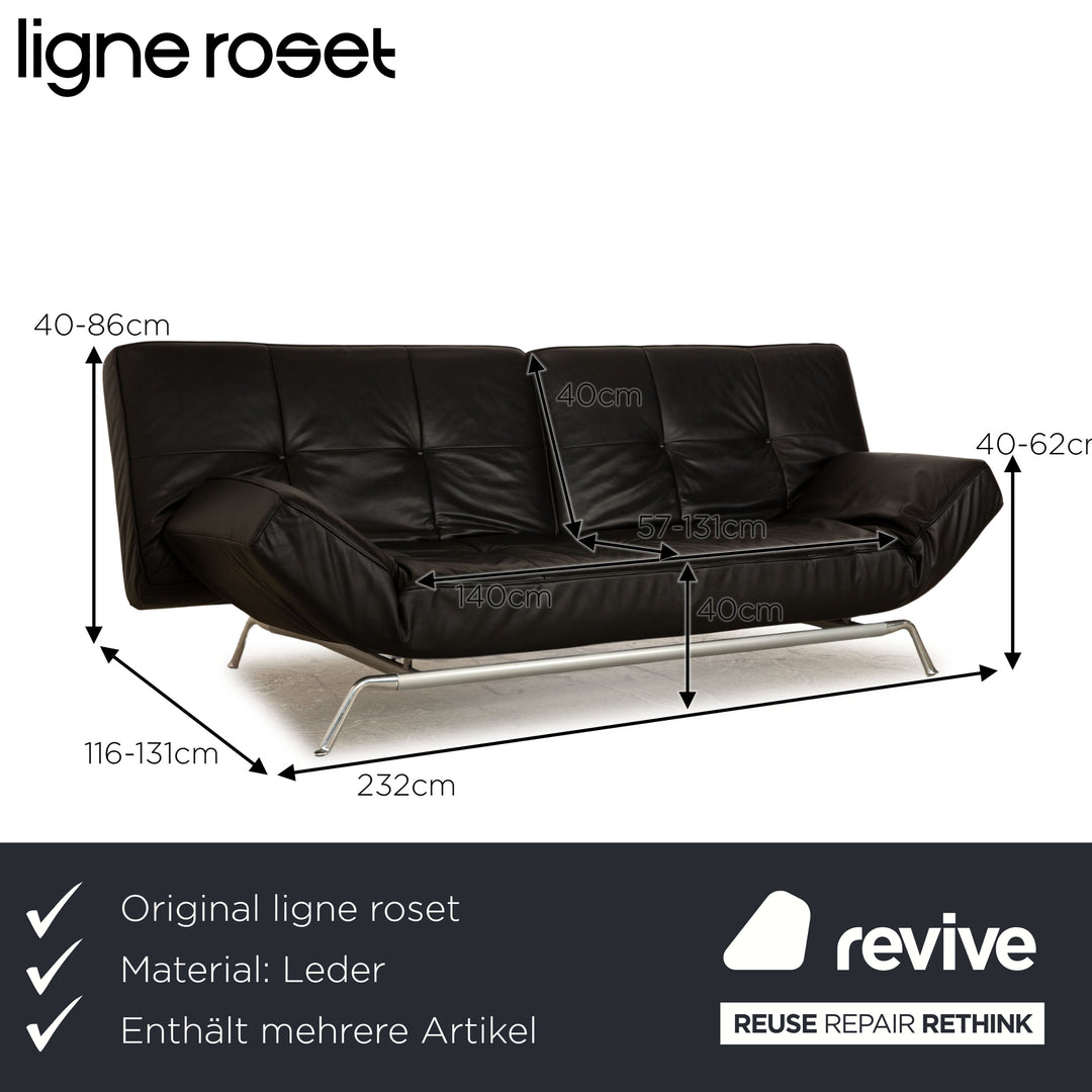 ligne roset Smala Leder Sofa Garnitur Schwarz  Dreisitzer Hocker manuelle Funktion Sofa Couch Schlaffunktion