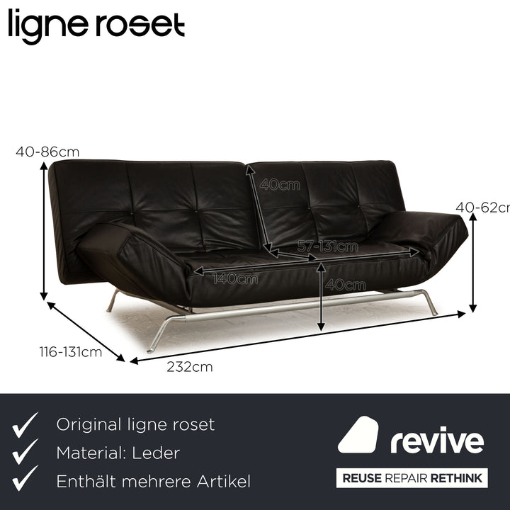 ligne roset Smala Leder Sofa Garnitur Schwarz  Dreisitzer Hocker manuelle Funktion Sofa Couch Schlaffunktion
