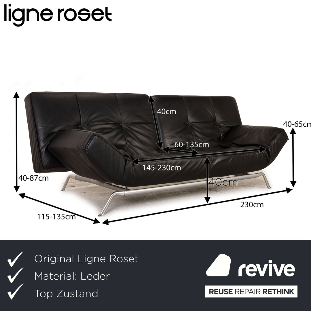 ligne roset Smala Leder Sofa Schwarz Dreisitzer Couch Funktion Schlaffunktion
