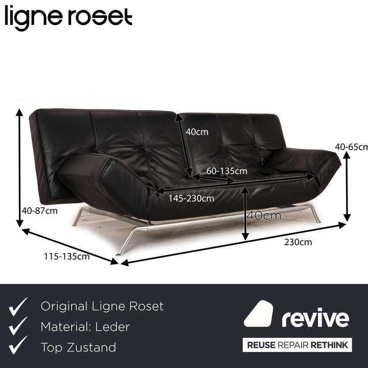 ligne roset Smala Leder Sofa Schwarz Dreisitzer Couch Funktion Schlaffunktion