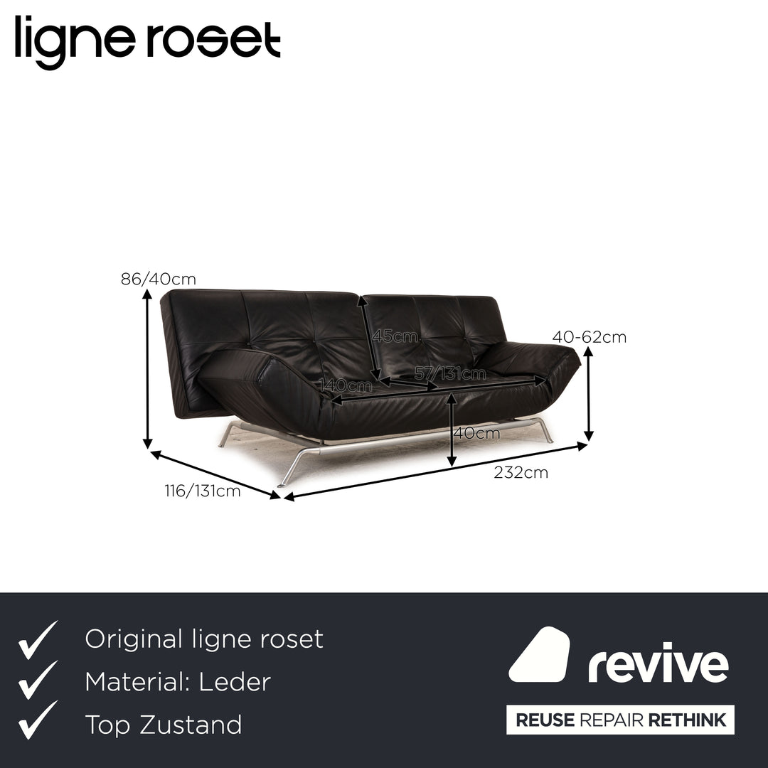 ligne roset Smala Leder Sofa Schwarz Dreisitzer Couch Funktion Schlaffunktion