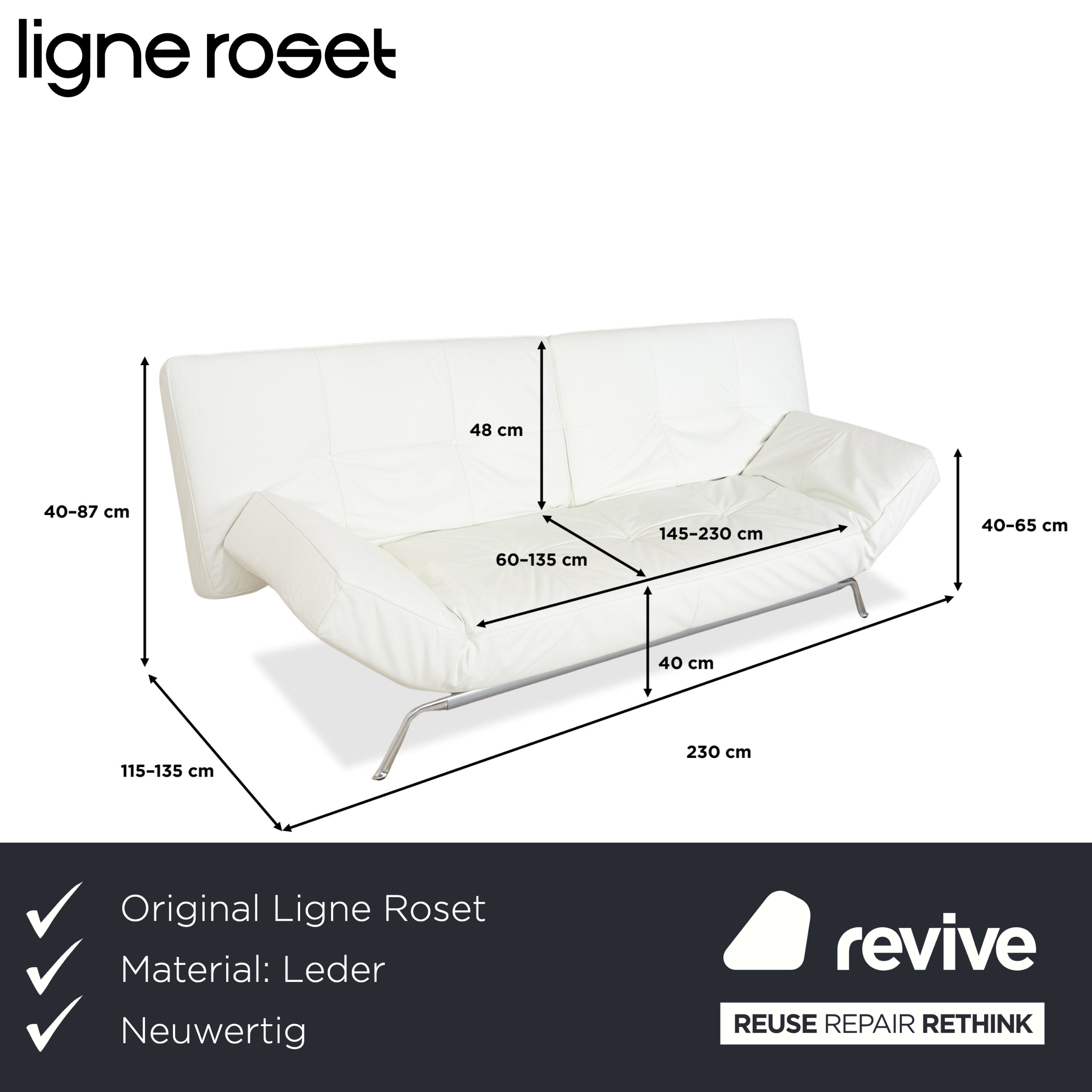 Canapé trois places en cuir Ligne Roset Smala à fonction manuelle, blanc crème