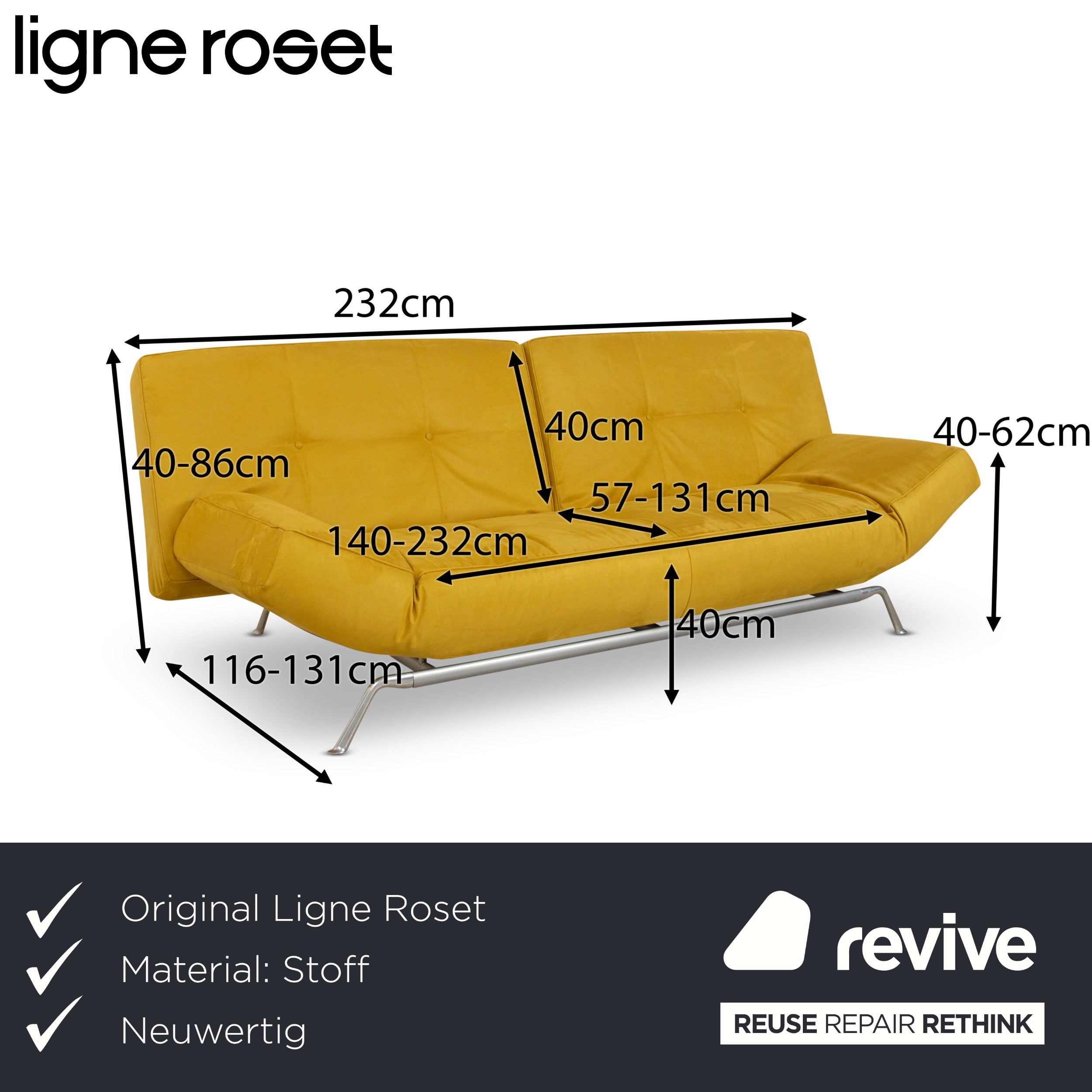 ligne roset Smala fabric three-seater yellow sofa couch new cover manual function sleeping function