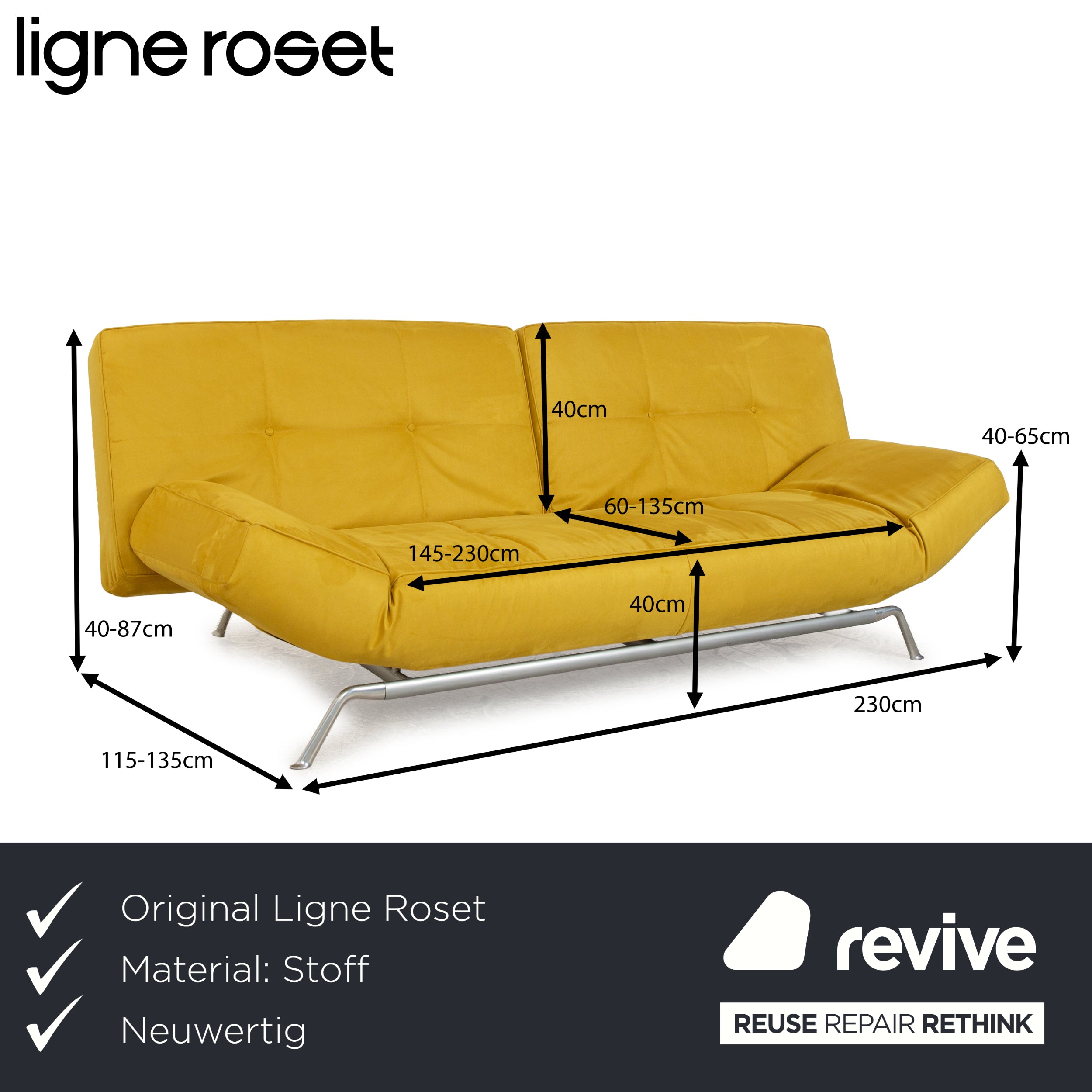 Ligne roset Canapé 3 places Smala en tissu jaune neuf housse fonction manuelle fonction sommeil
