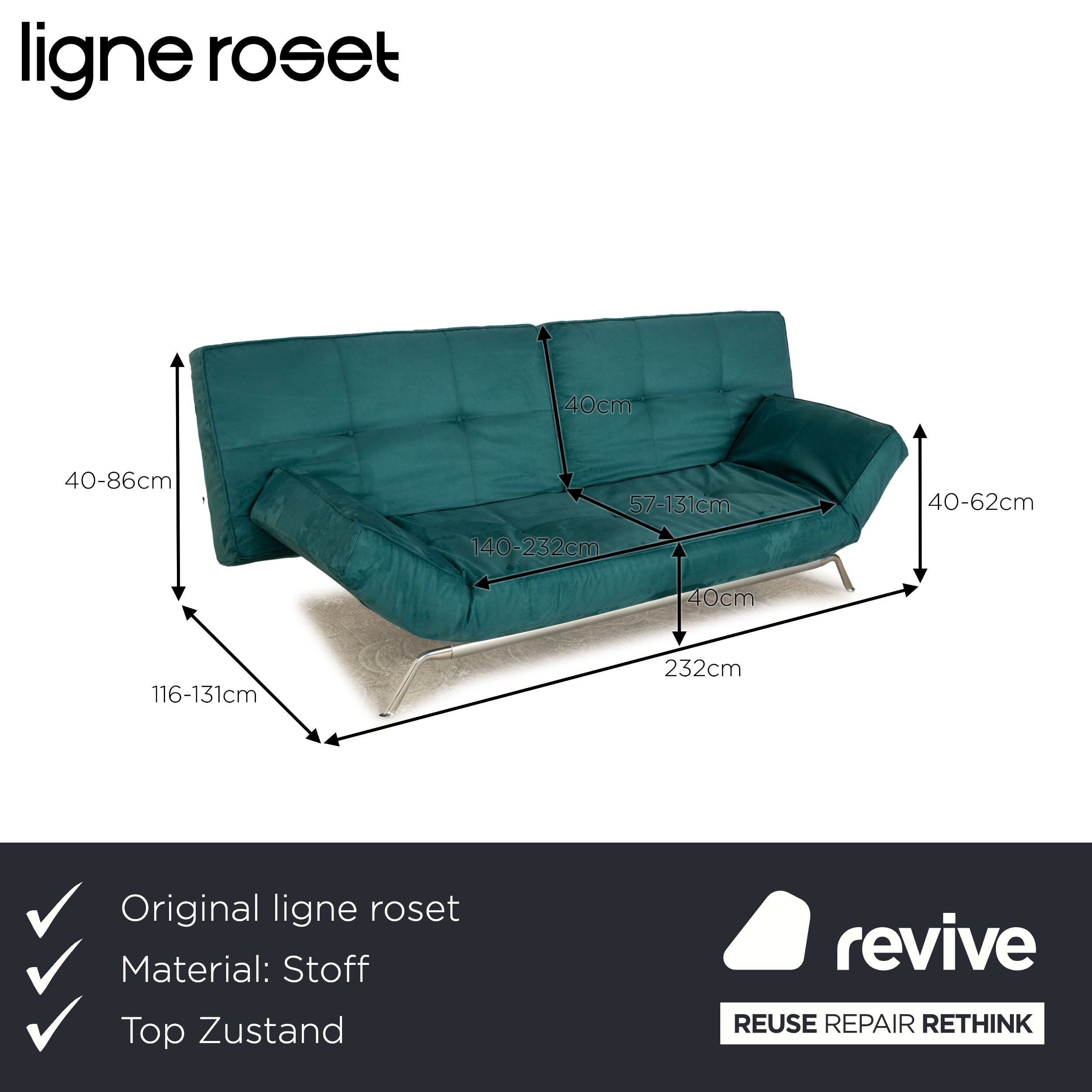 ligne roset Smala fabric three-seater turquoise green sofa couch new cover manual function sleep function