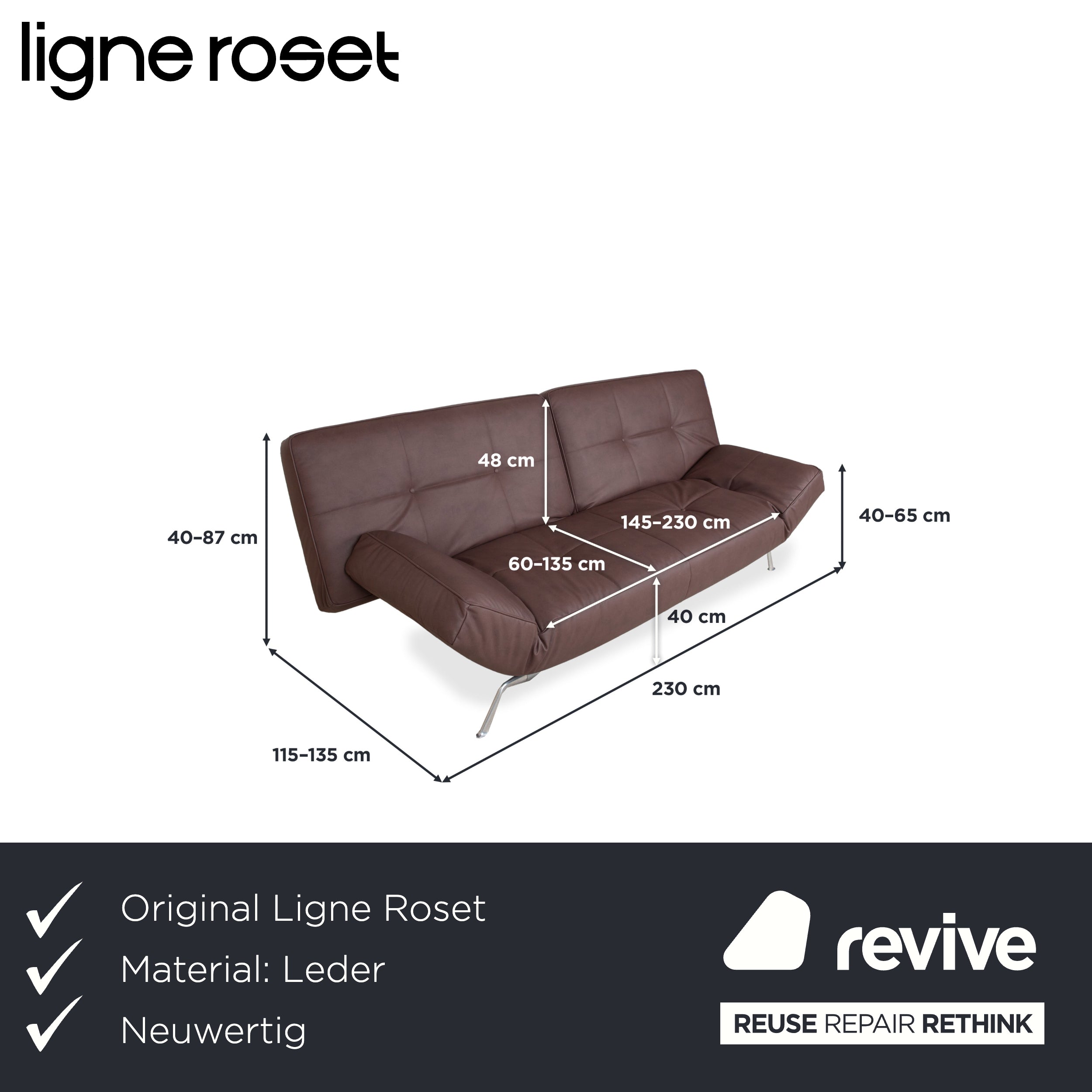 Ligne Roset Smala veganes Leder Dreisitzer Braun Terracotta Sofa Couch Neubezug GAVIN 105 manuelle Funktion Schlaffunktion