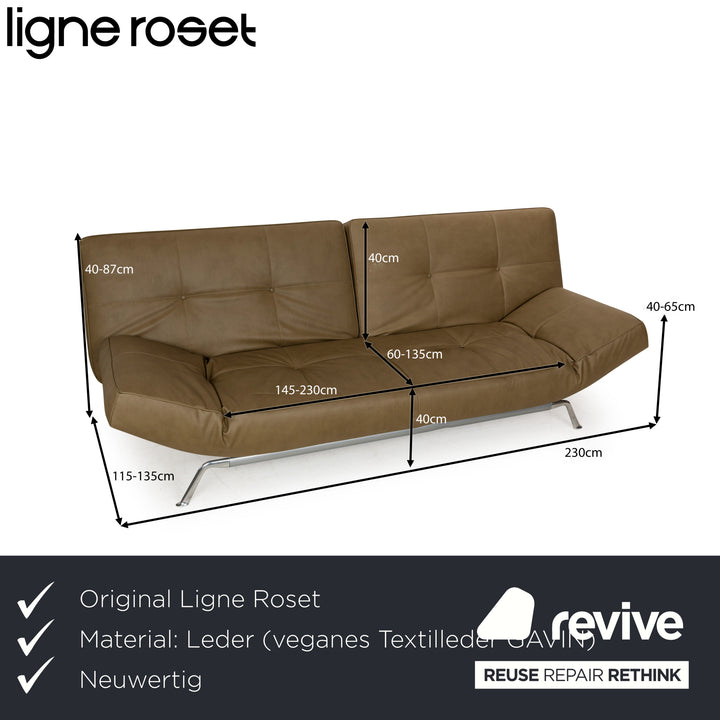 Ligne Roset Smala veganes Leder Zweisitzer Sofa Olivgrün Khaki Sofa Couch Schlaffunktion Schlafsofa manuelle Funktion Neubezug
