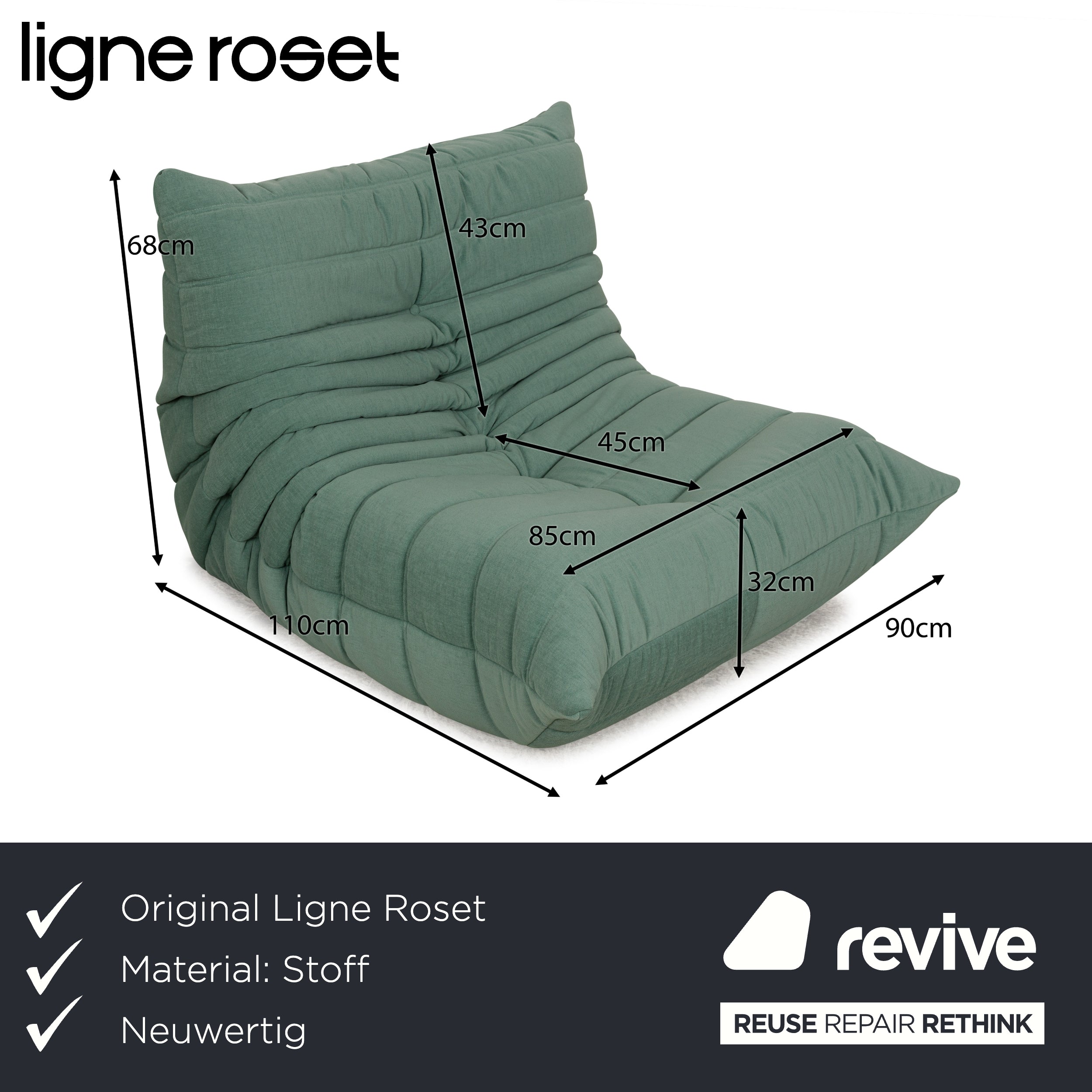 Ligne Roset fabric Togo armchair green mint reupholstery