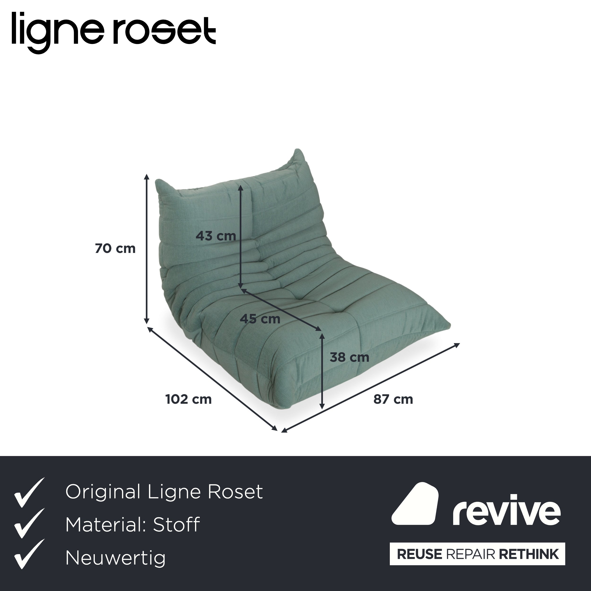 Ligne Roset Togo Armchair Fabric Green Turquoise Sage New Upholstery MALOU 160