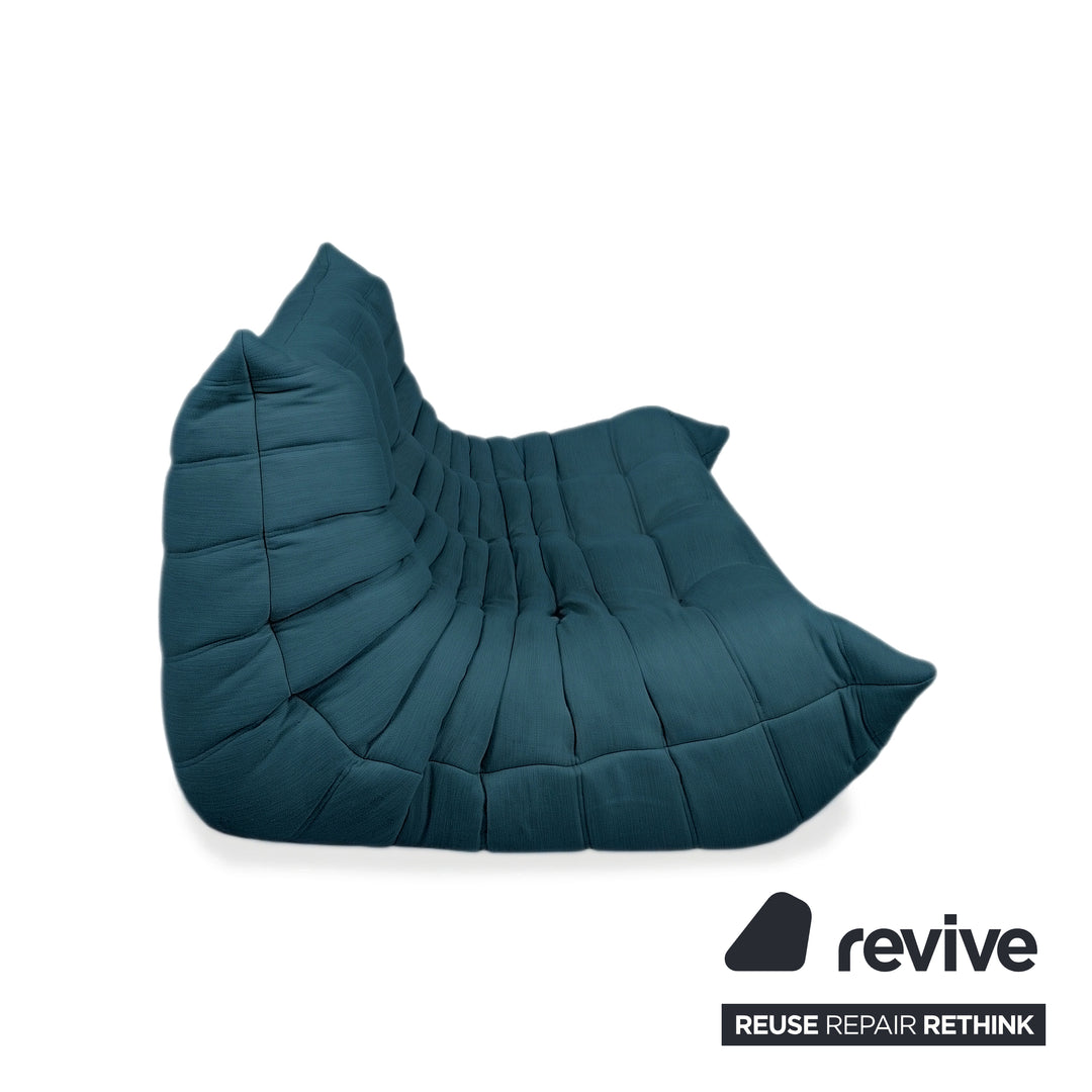 Ligne Roset Togo Three-Seater Sofa Couch Fabric Blue Petrol Reupholstered