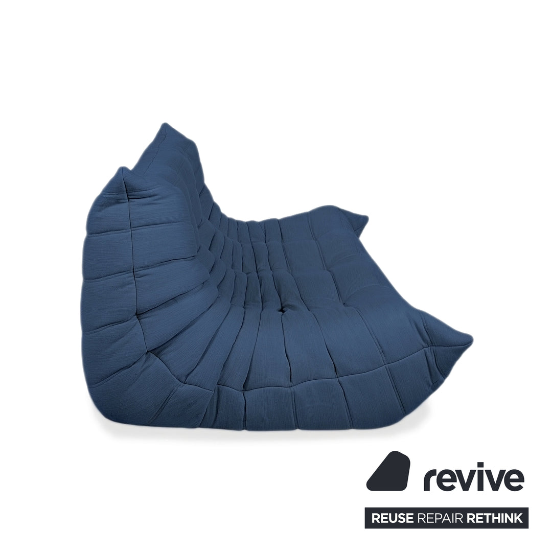 Ligne Roset Togo Three-Seater Sofa Couch Fabric Blue Petrol Reupholstered