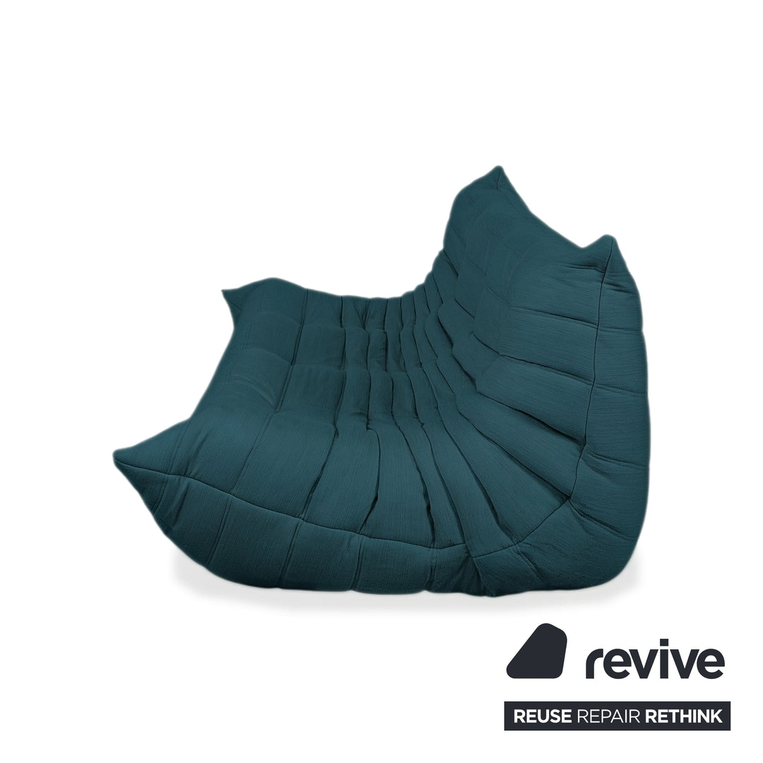 Ligne Roset Togo Three-Seater Sofa Couch Fabric Blue Petrol Reupholstered