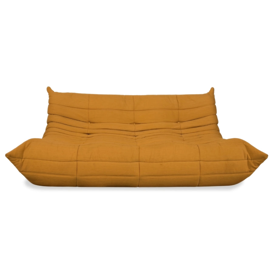 Ligne Roset Togo Three-Seater Sofa Couch Fabric Mustard Yellow Reupholstered