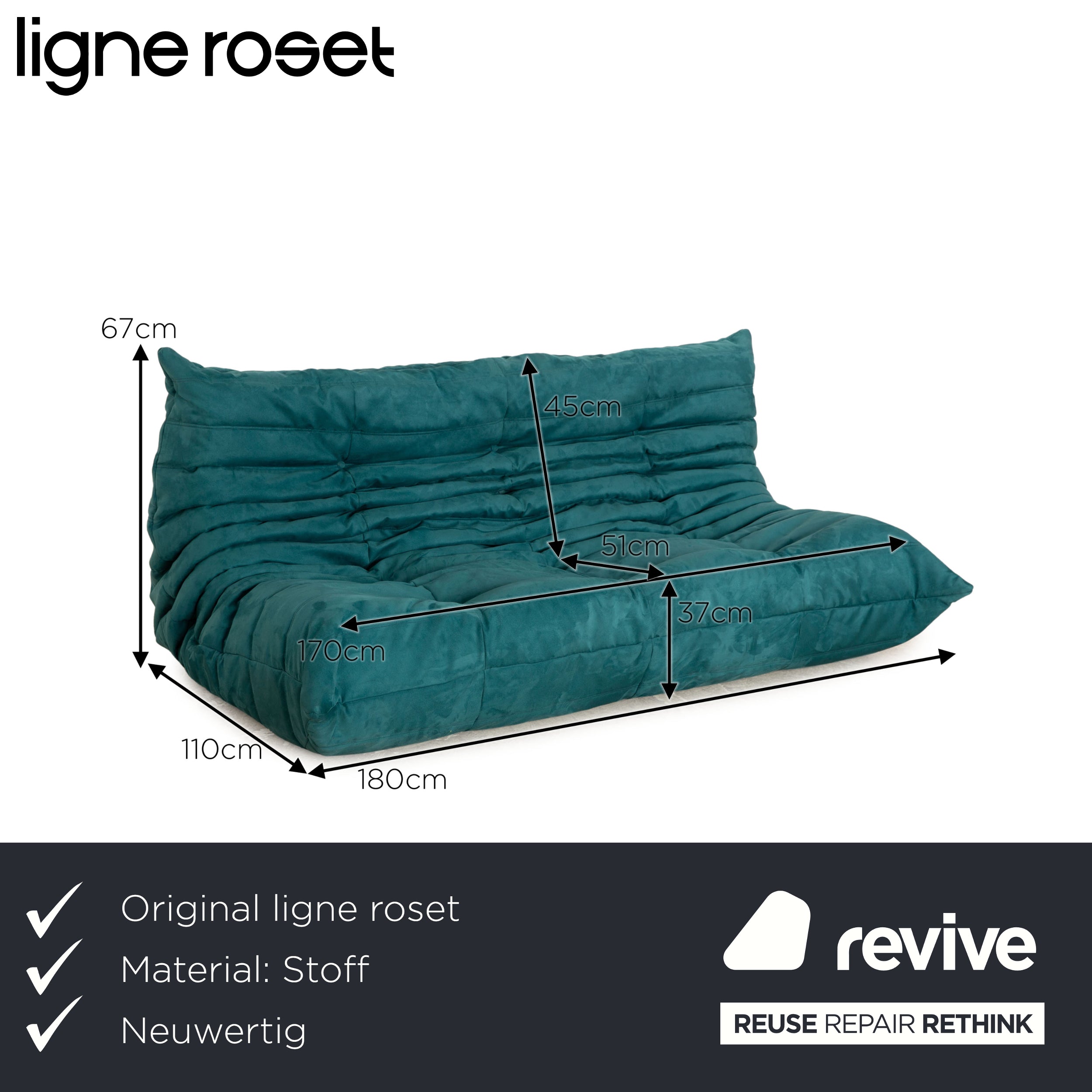 Ligne Roset Canapé 3 places Togo en tissu bleu pétrole retapissé