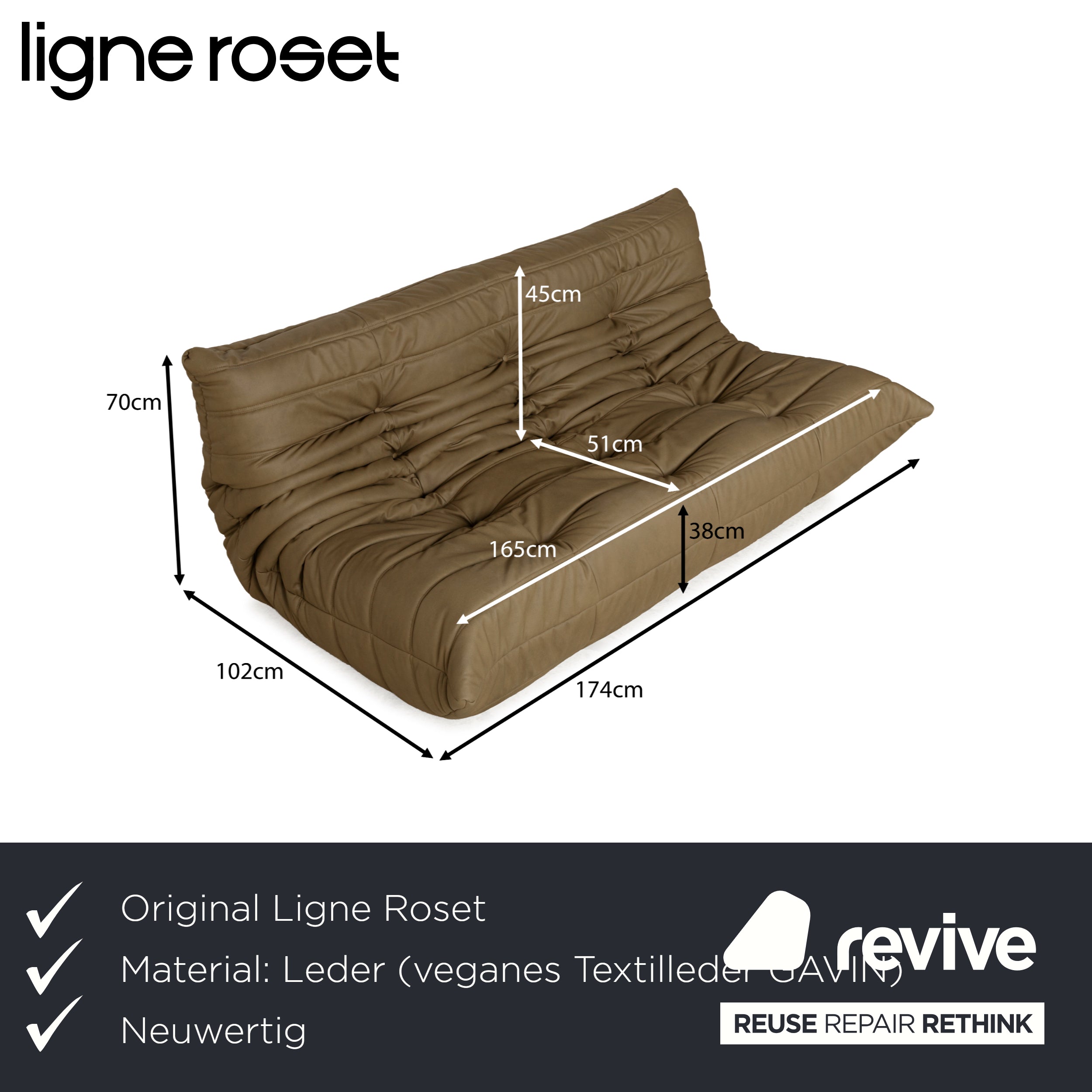 Canapé Togo trois places en cuir vegan vert olive kaki Ligne Roset