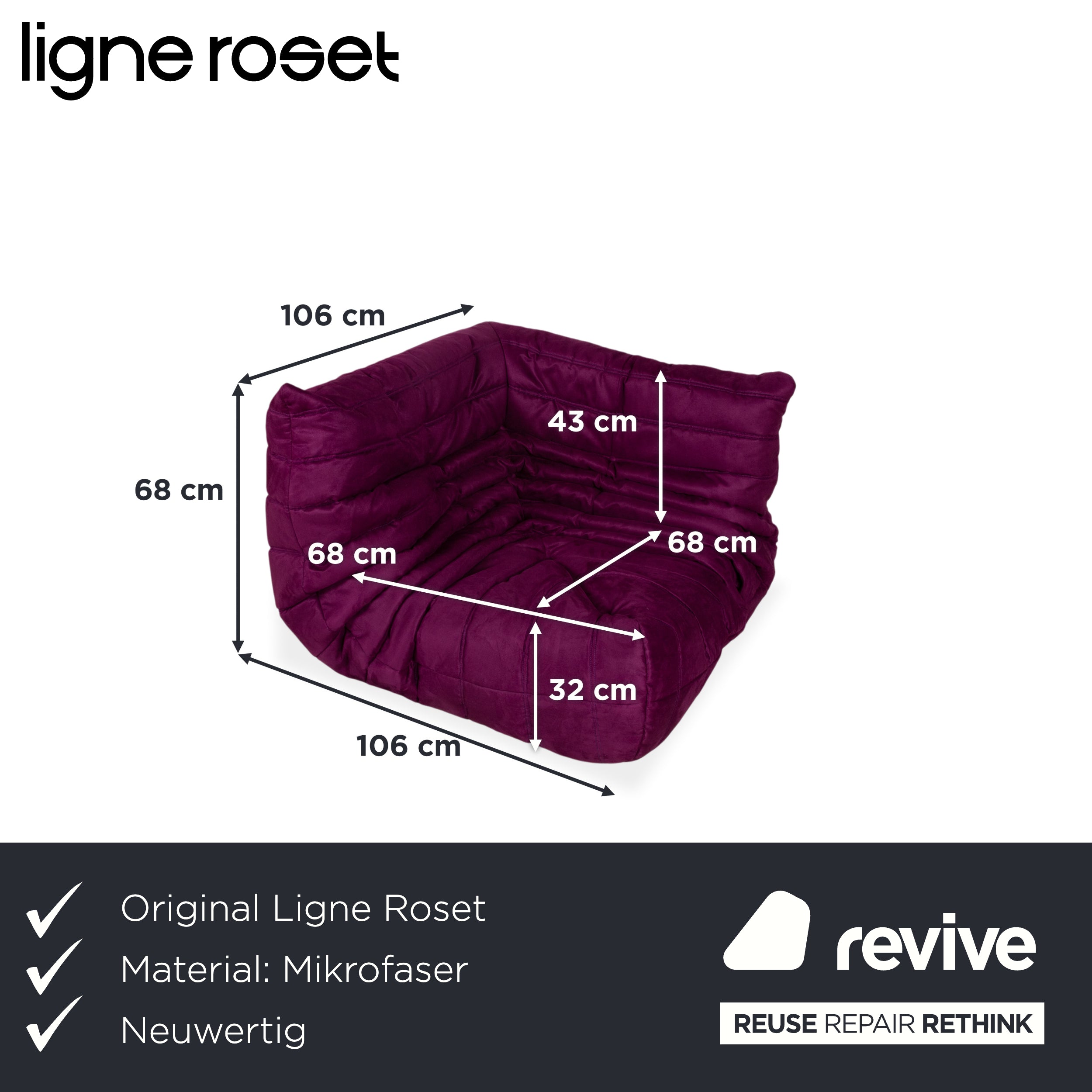 Ligne Roset Togo Corner Element Corner Section Sofa Microfiber Purple Newly Upholstered