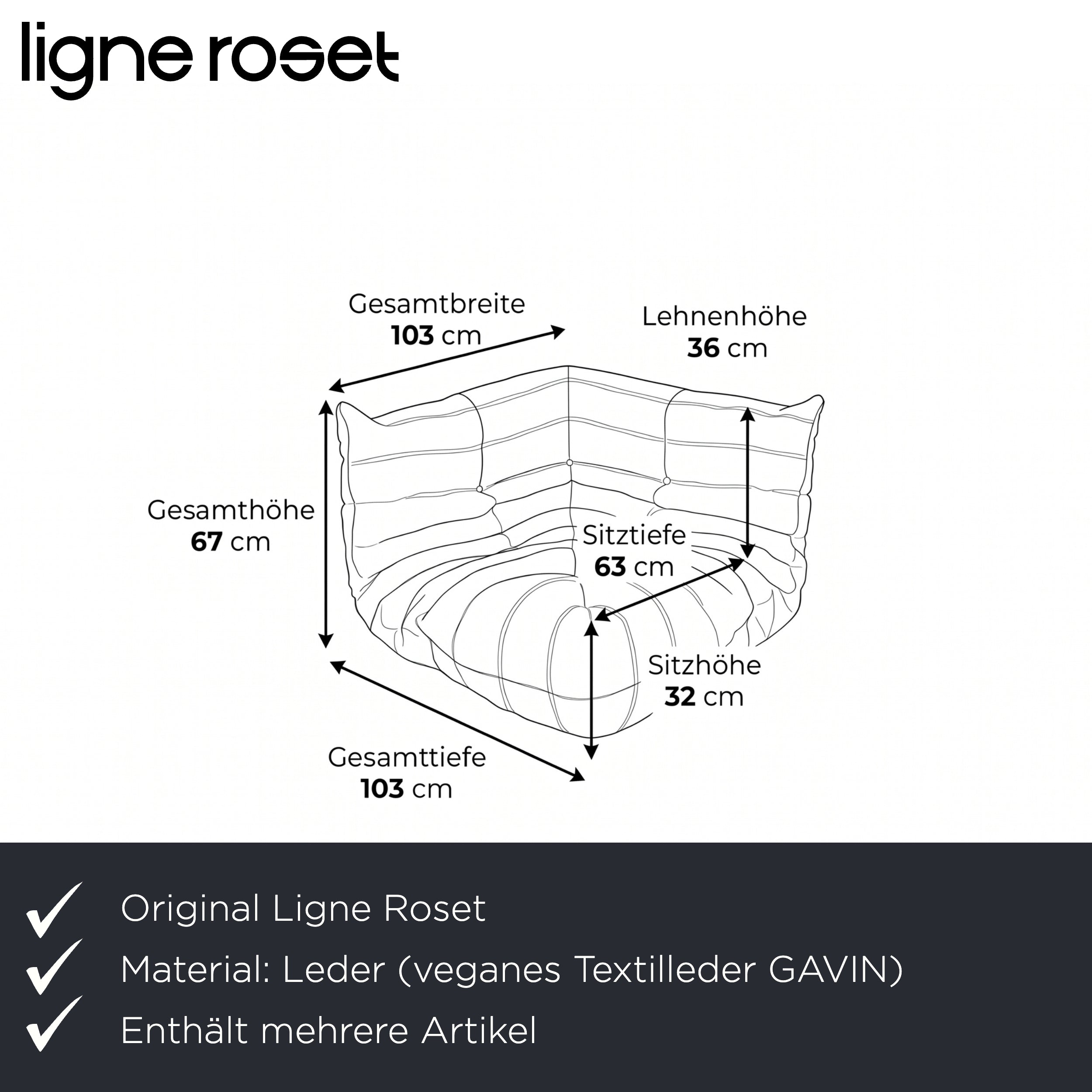 Ligne Roset Togo Garnitur Ecksofa Dreisitzer Sofa Couch Sessel Eckelement Veganes Leder GAVIN 103 Cognac Neubezug