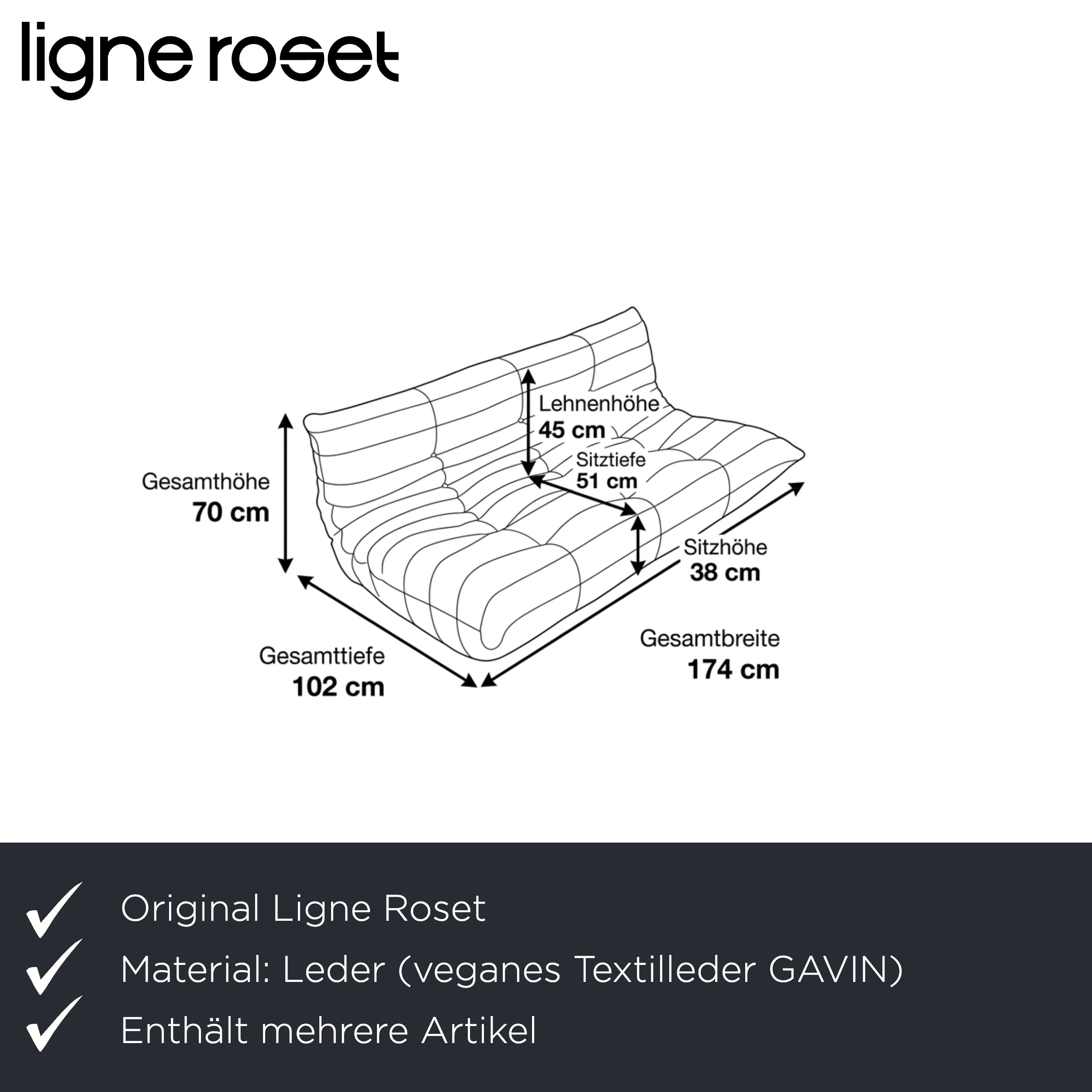 Ligne Roset Togo Garnitur Ecksofa Dreisitzer Sofa Couch Sessel Eckelement Veganes Leder GAVIN 103 Cognac Neubezug