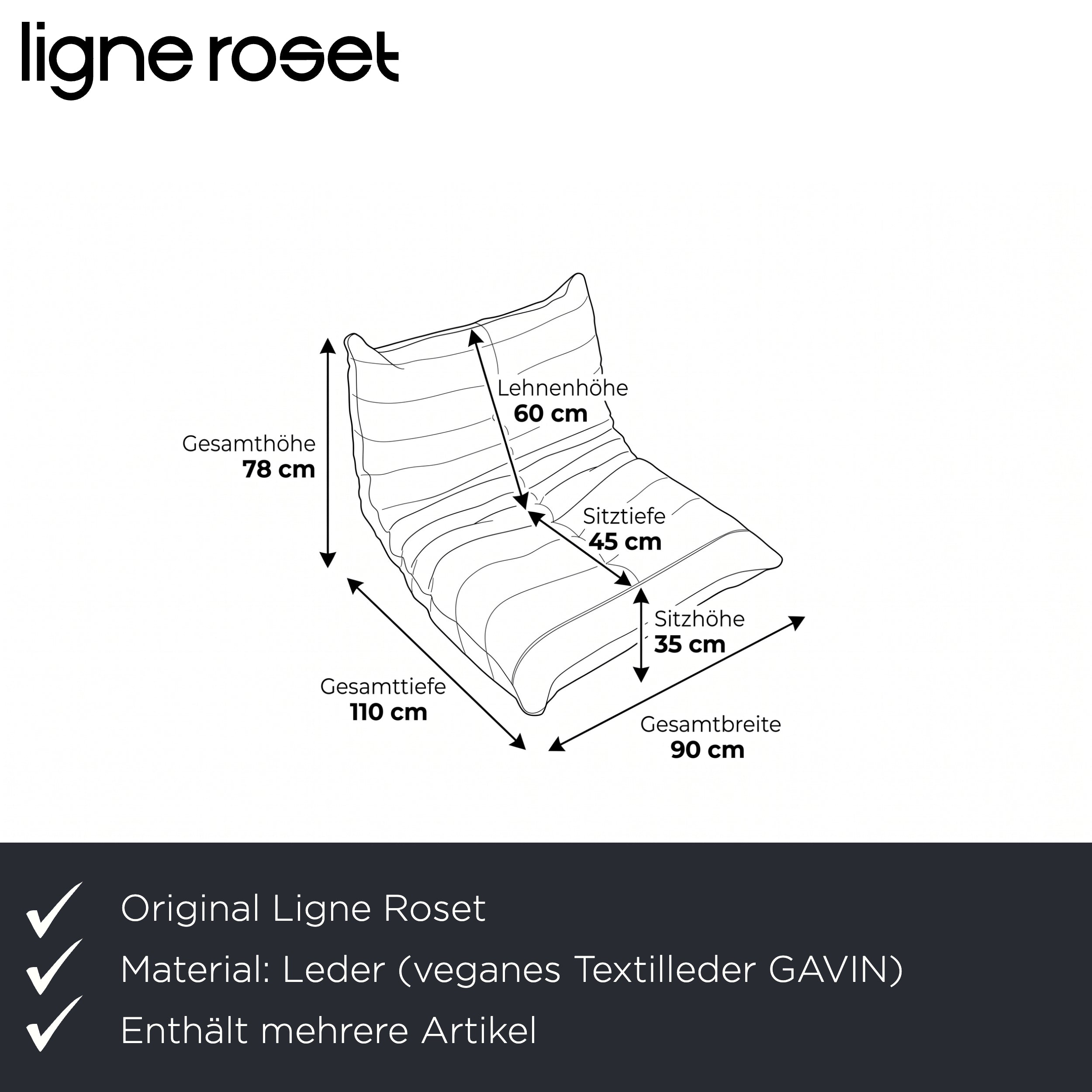 Ligne Roset Togo Garnitur Ecksofa Dreisitzer Sofa Couch Sessel Eckelement Veganes Leder GAVIN 103 Cognac Neubezug