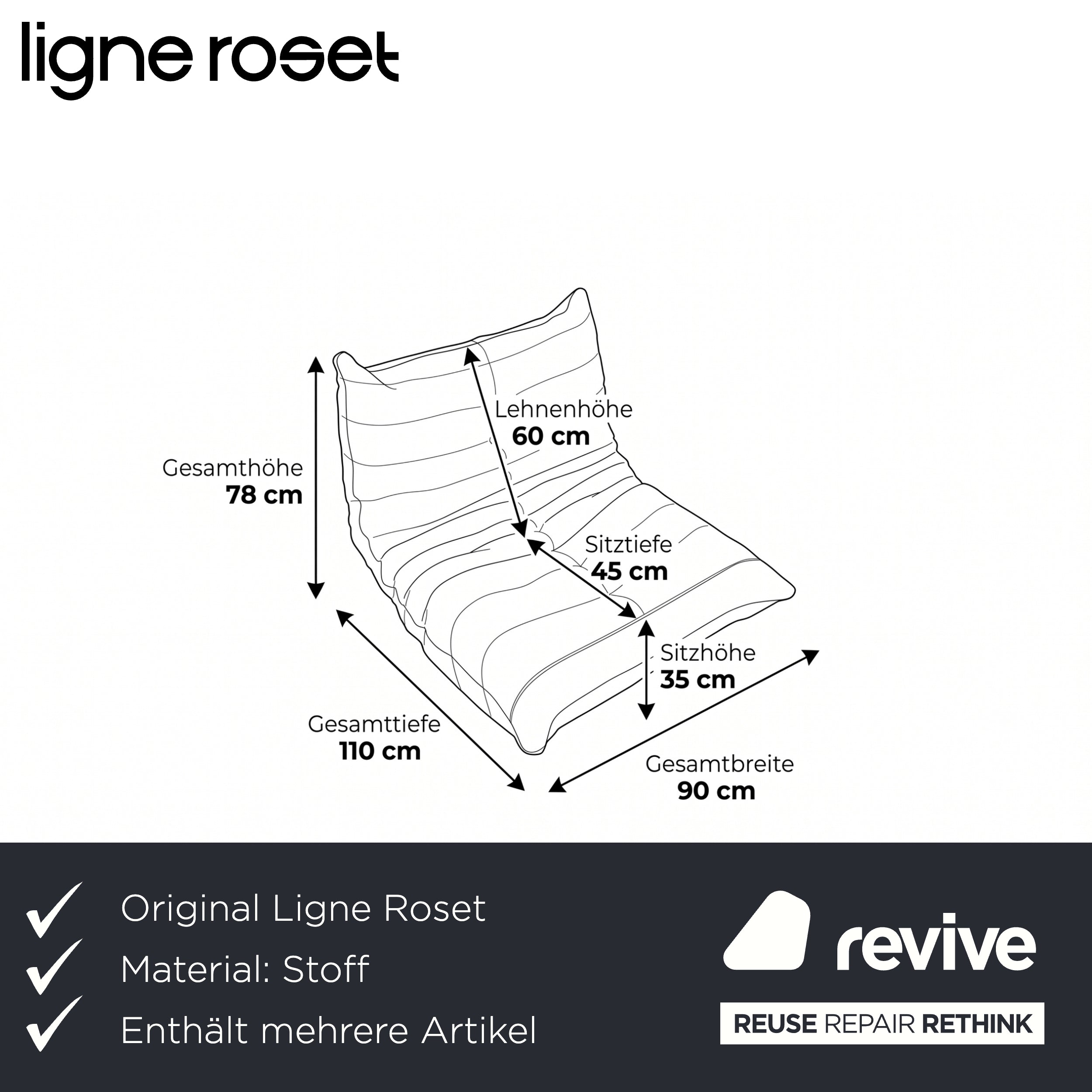 Ligne Roset Togo Garnitur Ecksofa Zweisitzer Sofa Couch Sessel Eckelement Stoff MALOU 107 Beige Neubezug