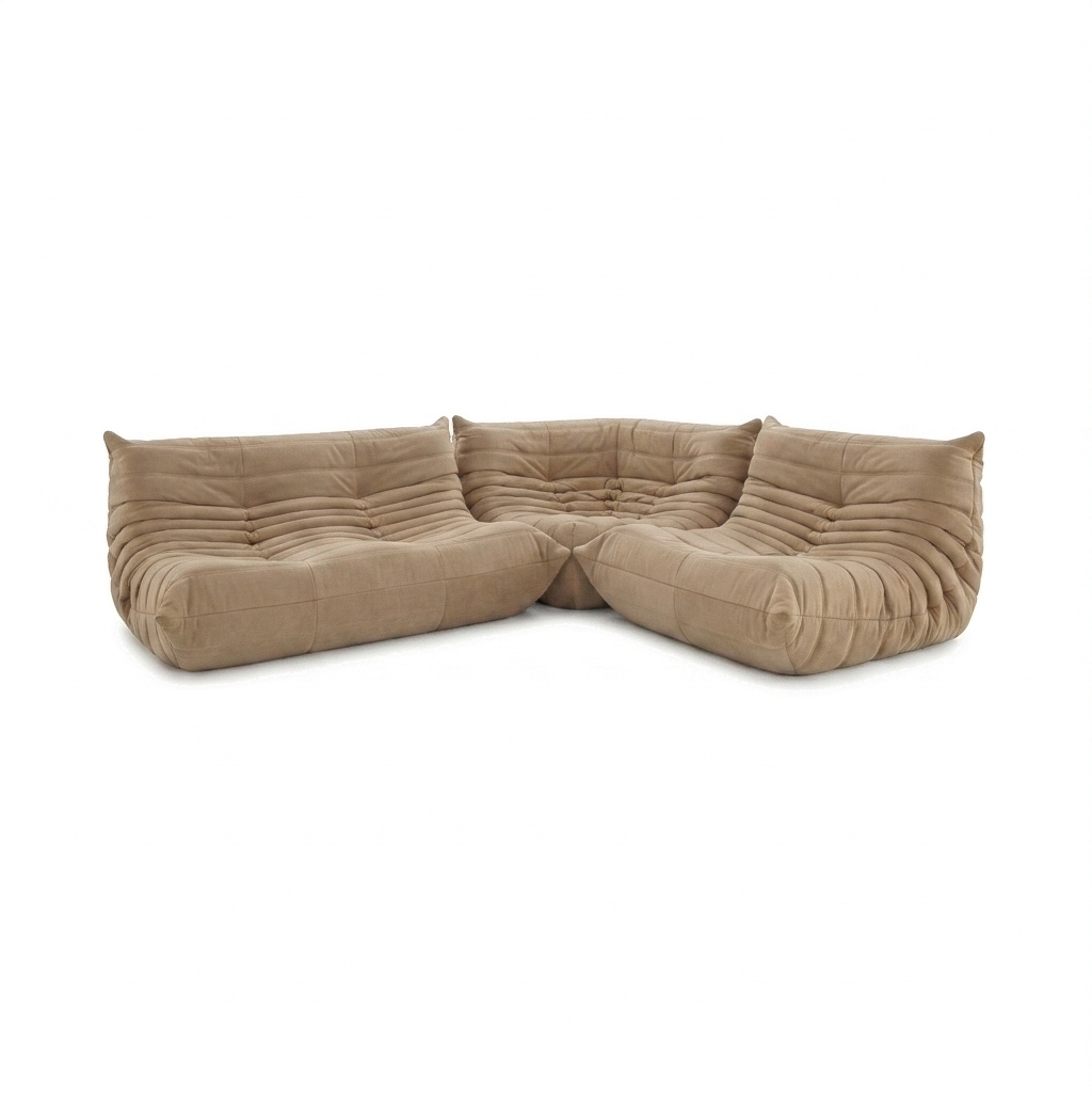 Ligne Roset Togo Garnitur Ecksofa Zweisitzer Sofa Couch Sessel Eckelement Stoff MALOU 107 Beige Neubezug
