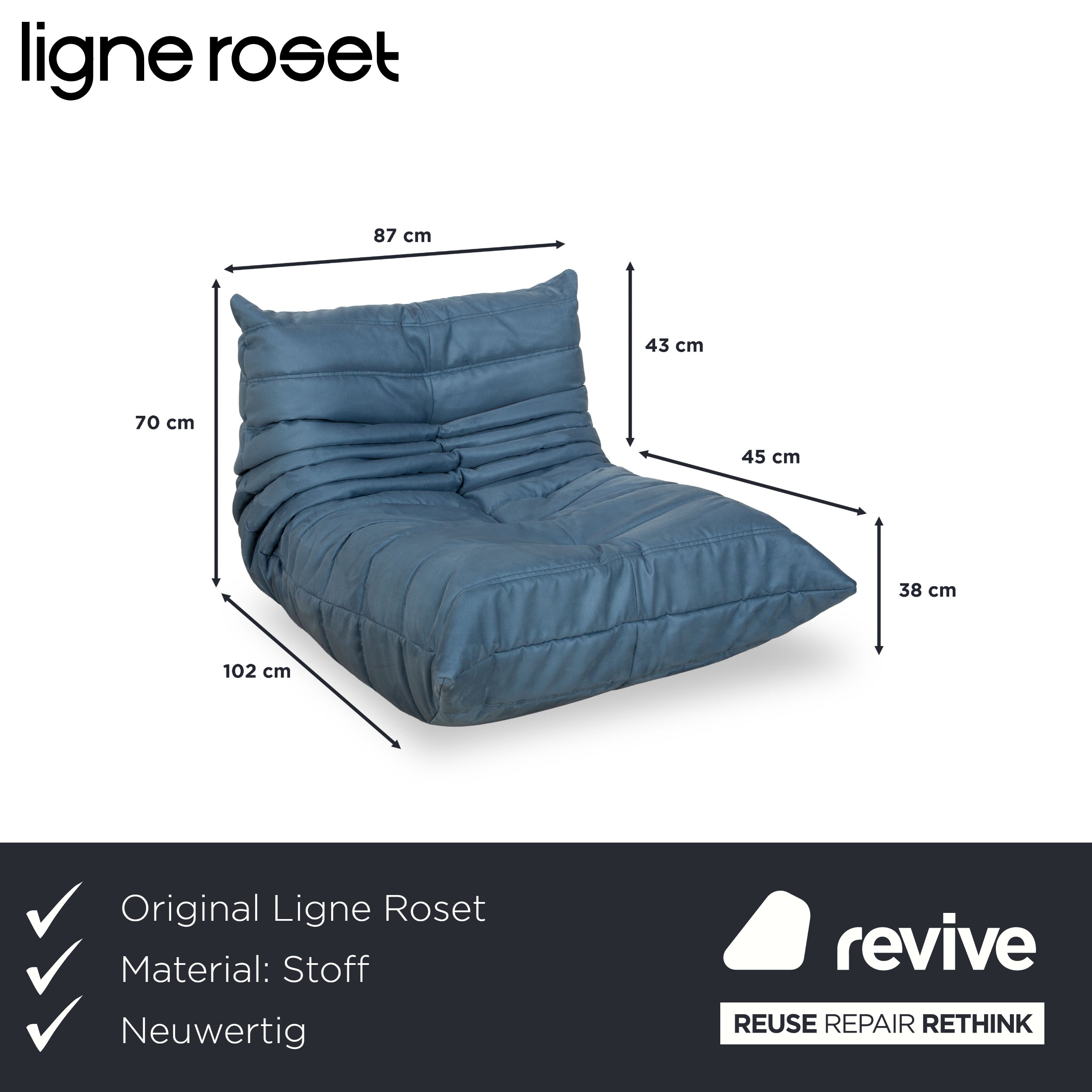 Ligne Roset Togo Sessel Blau Petrol Stoff Loungechair Neubezug DENVER 381