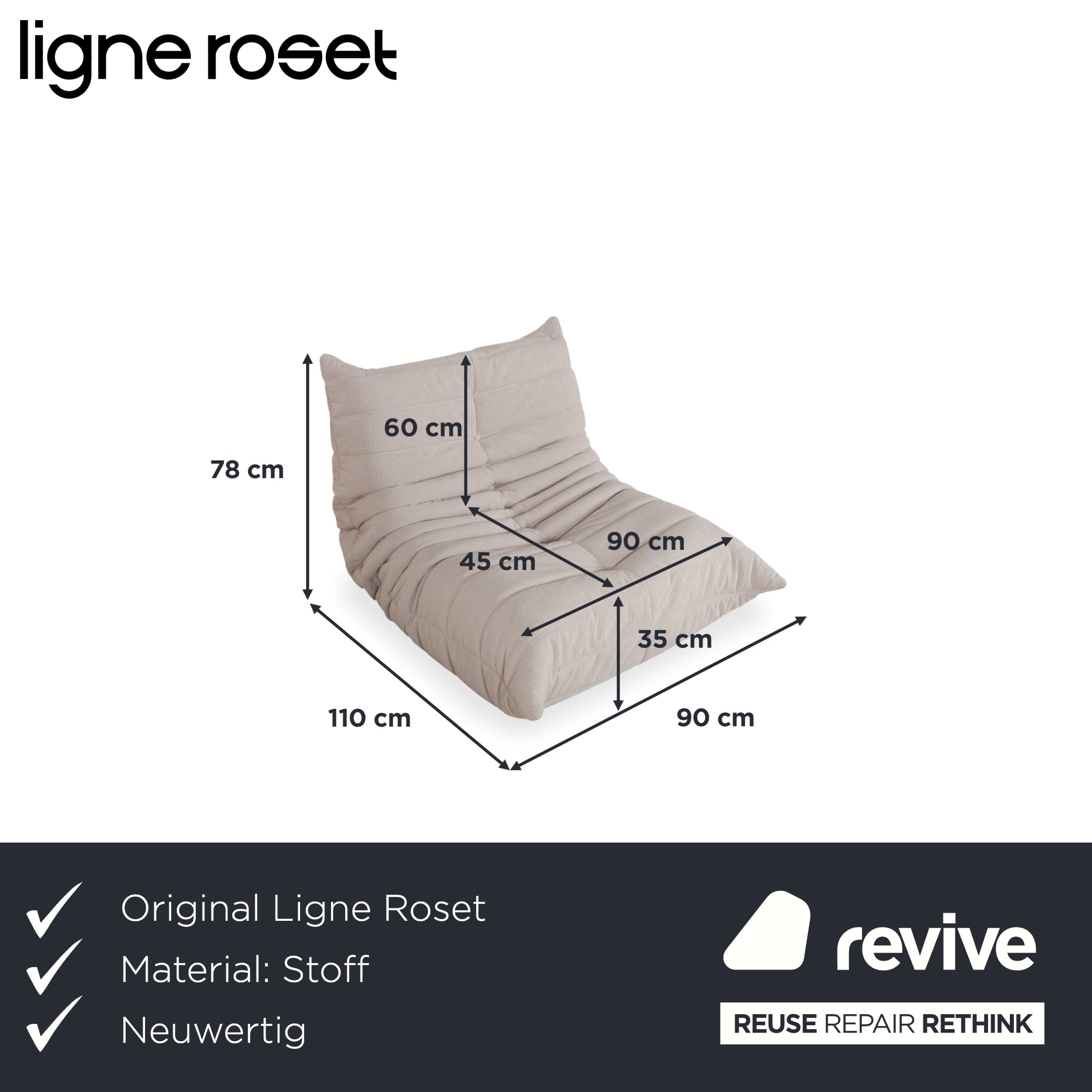 Ligne Roset Togo Armchair Corduroy Fine Cord Fabric Cream Grey Beige New Upholstery