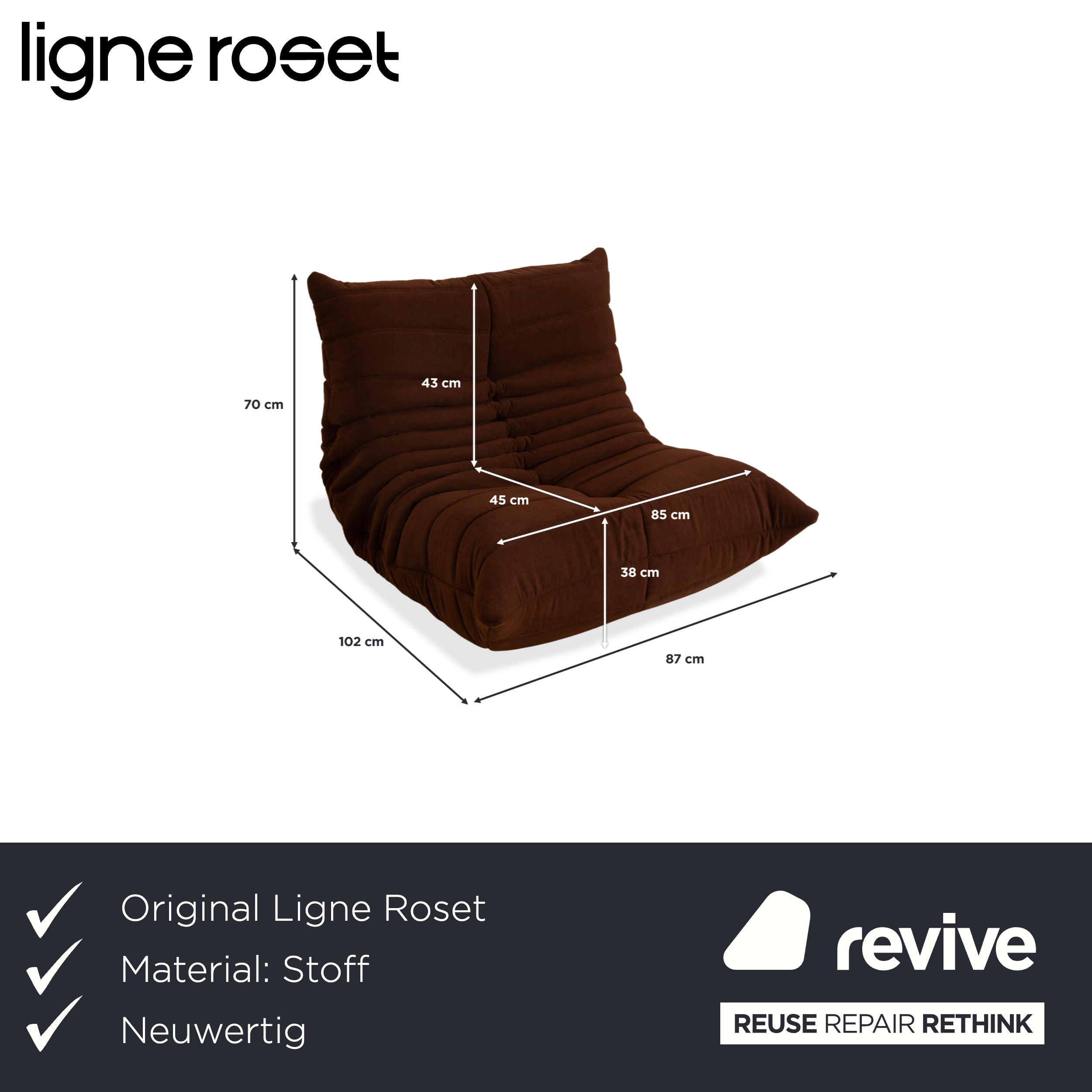 Ligne Roset Togo armchair, fabric brown chestnut, reupholstered